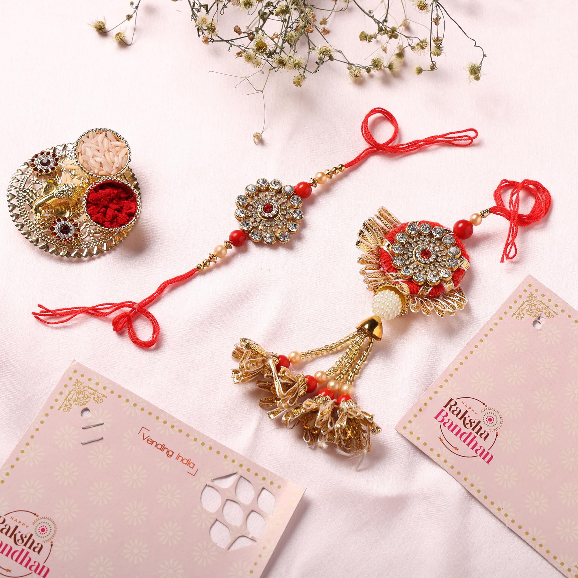 Vending India Gotta Patti Bhaiya Bhabhi Pair Rakhi In A Gift Box With Roli - Combo with Roli, Chandan in a Rakshabandhan Card (Red) (B0916JXRNS) Amazon Price History, Amazon Price Tracker