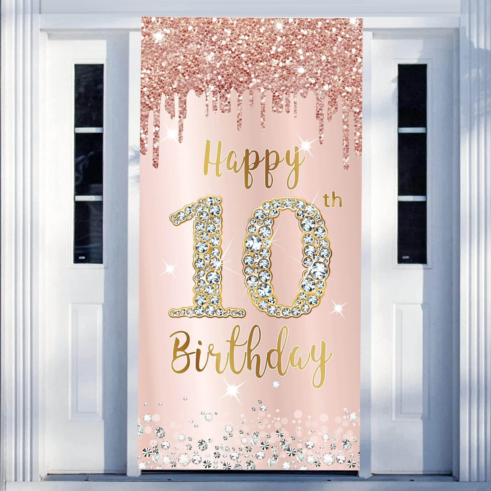 Happy 10th Birthday Door Banner Backdrop Decorations, Pink Rose Gold 10 Year Old Birthday Party Door Cover Sign Supplies, Large Ten Birthday Poster Background Photo Booth Props Decor