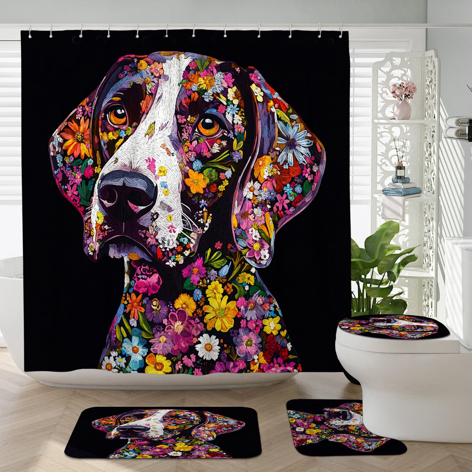 4PCS German Shorthaired Pointer Dog Bathroom Accessory Sets with Non-Slip Rug, U Shape and Toilet Lid Cover Mat, Flower Floral Art Black Bathroom Fabric Decor-72''x72''