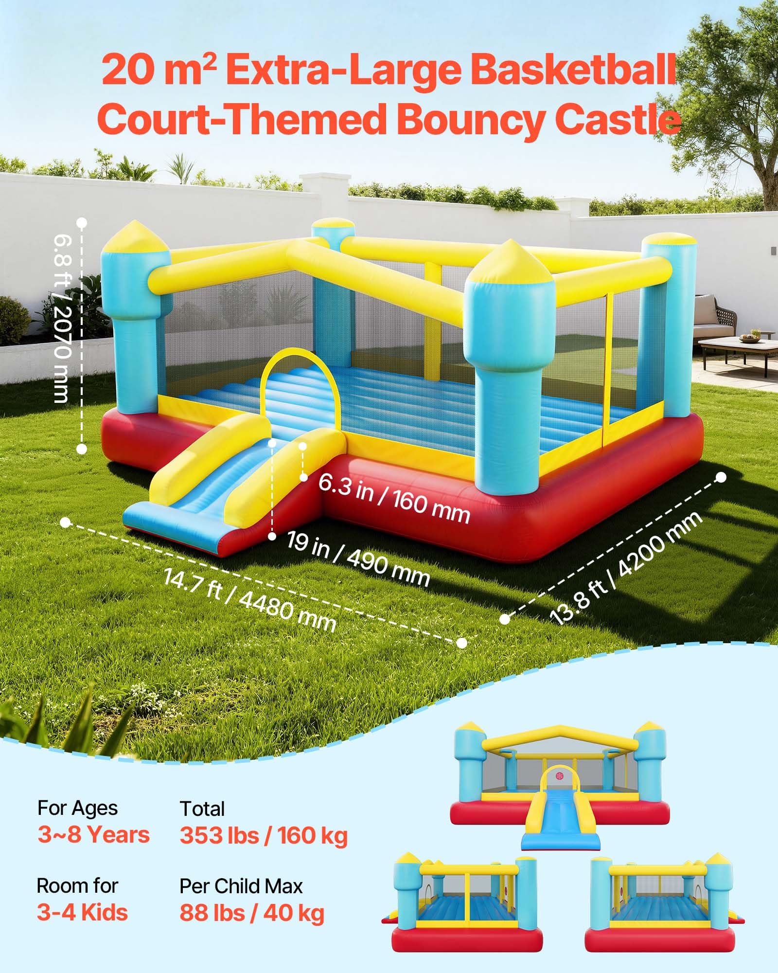 VEVOR Castello Gonfiabile Parco Gioco per Bambini da Esterno 448 x 420 x 207 cm con Scivolo Canestro da Basket, Castello Gonfiabile per 3-4 Bambini Feste all'Aperto Gioco per Età 3-8 Anni