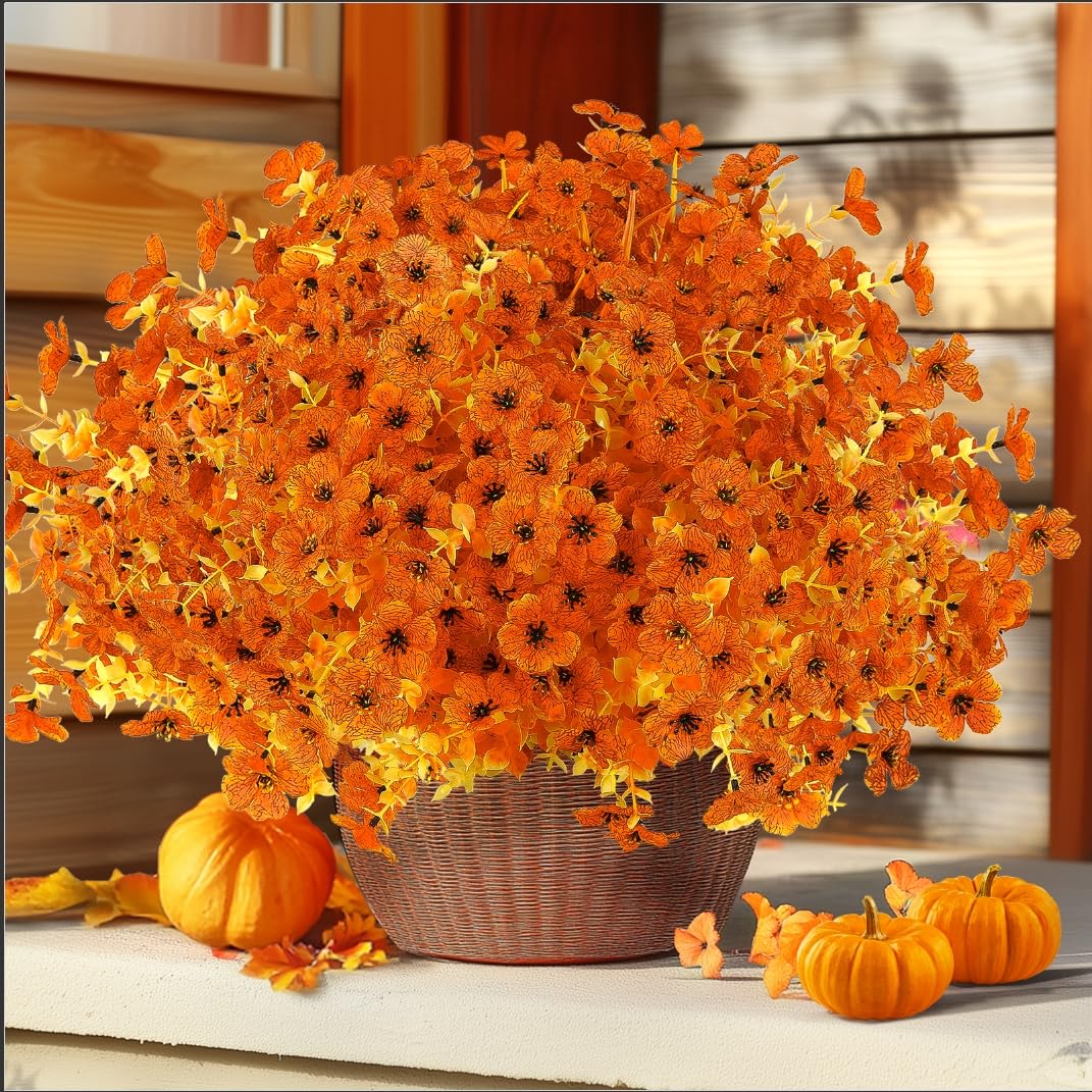 Alupssuc 24 Bundles Fall Mums Artificial Faux Flowers for Outdoors Decoration, UV Resistant Autumn Fake Silk Flowers Stem Plants for Outside Garden Yard Porch Window Indoor Home Decor（Orange）