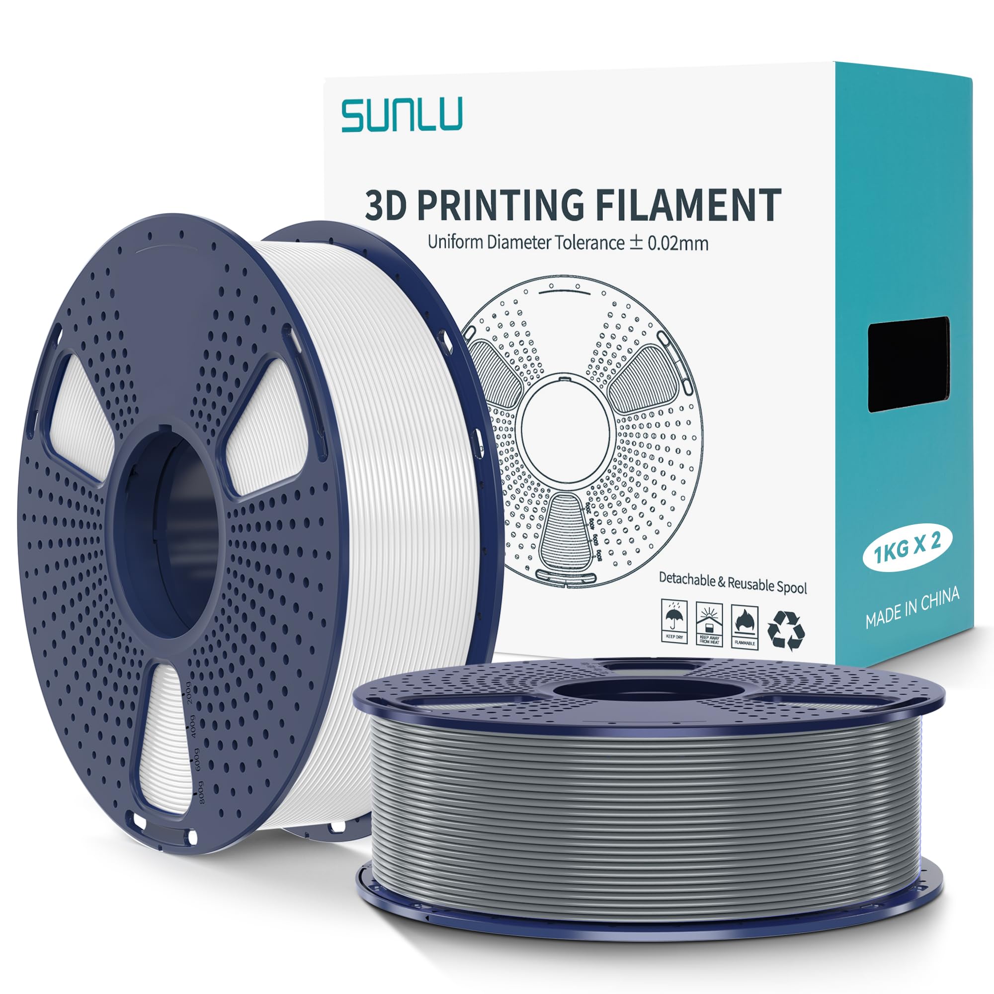 SUNLU PLA+2.0 Filamento per stampante 3D, Filamento PLA Plus di Aggiornamento 2KG, Precisione dimensionale +/- 0.02 mm, Bobina da 1kg (2.2LBS), 2KG in Totale, Bianco+Grigio