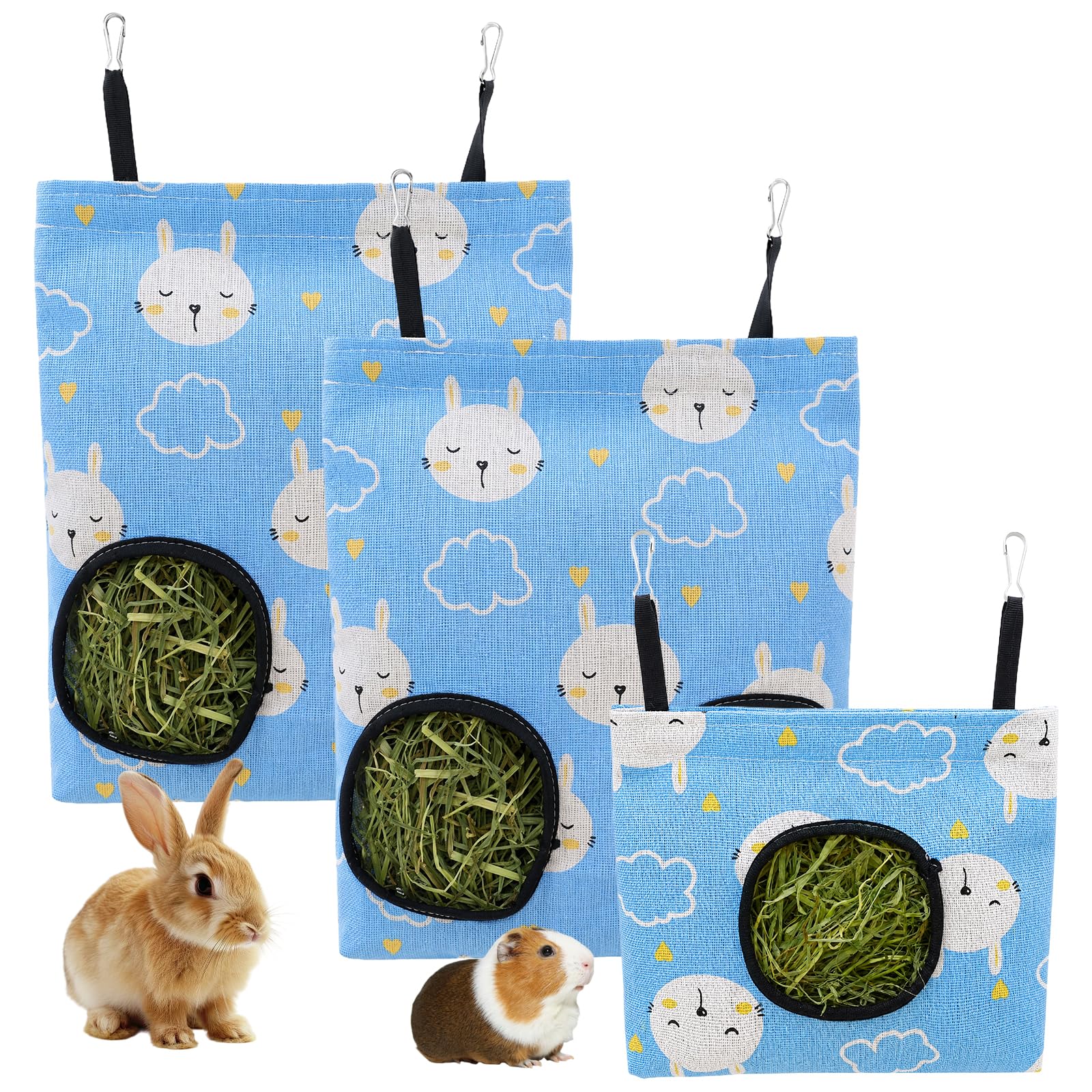 Vetin 4Pcs Rabbit Hay Feeder Set, Metal Hanging Hay Rack with 250g Timothy Hay & 7in Pod for Guinea Pig Chinchilla Bunny Cage Accessories
