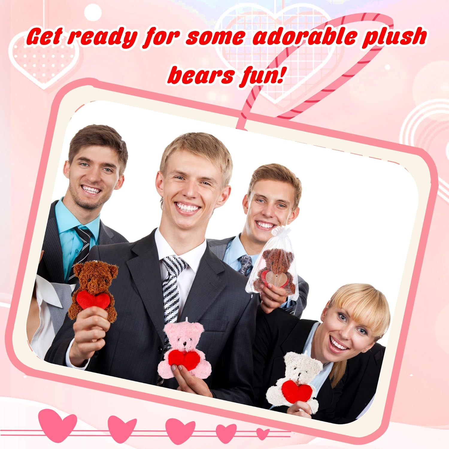 24 Pcs Valentine Bear with Heart Mini Valentine's Day Stuffed Bear Bulk Mini Bears Stuffed Animal Plush Toys Gifts for Her Girlfriend Lover Mom Kids, 4 Colors