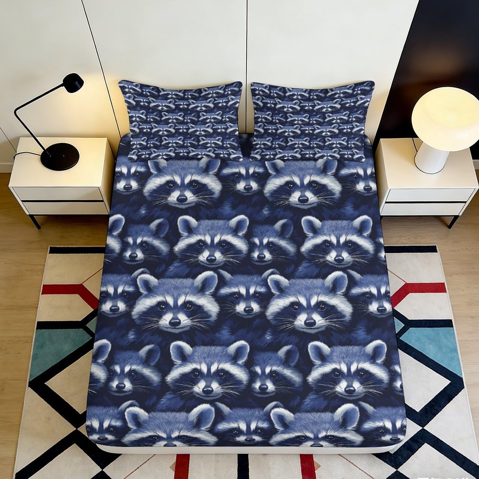 3D Printed Raccoon Artwork Fitted Sheet Microfiber Deep Pocket Non-Slip Bedroom Bedding Raccoon Mattress Fitted Cover 90x200x25cm