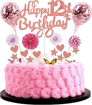Happy 12th Birthday Cake Decoration Rose Gold with Heart Star Balloon Glitter Cake Topper for Girls