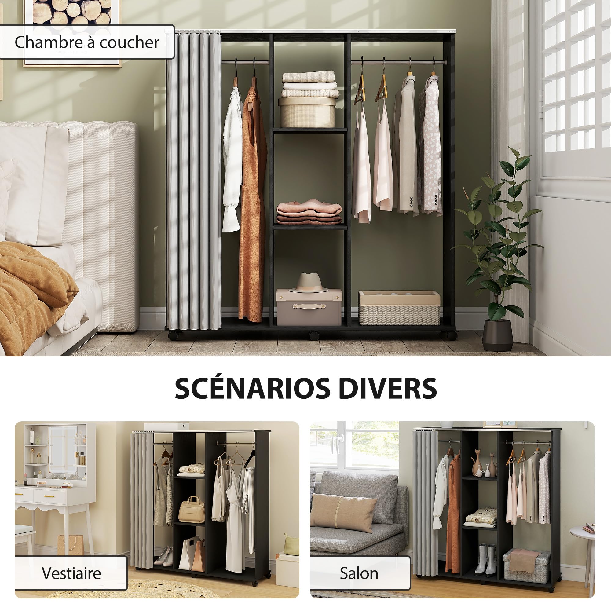 HOMCOM Armoire Penderie Mobile 6 roulettes 120x40x128cm Noir | Meuble de Rangement en Bois