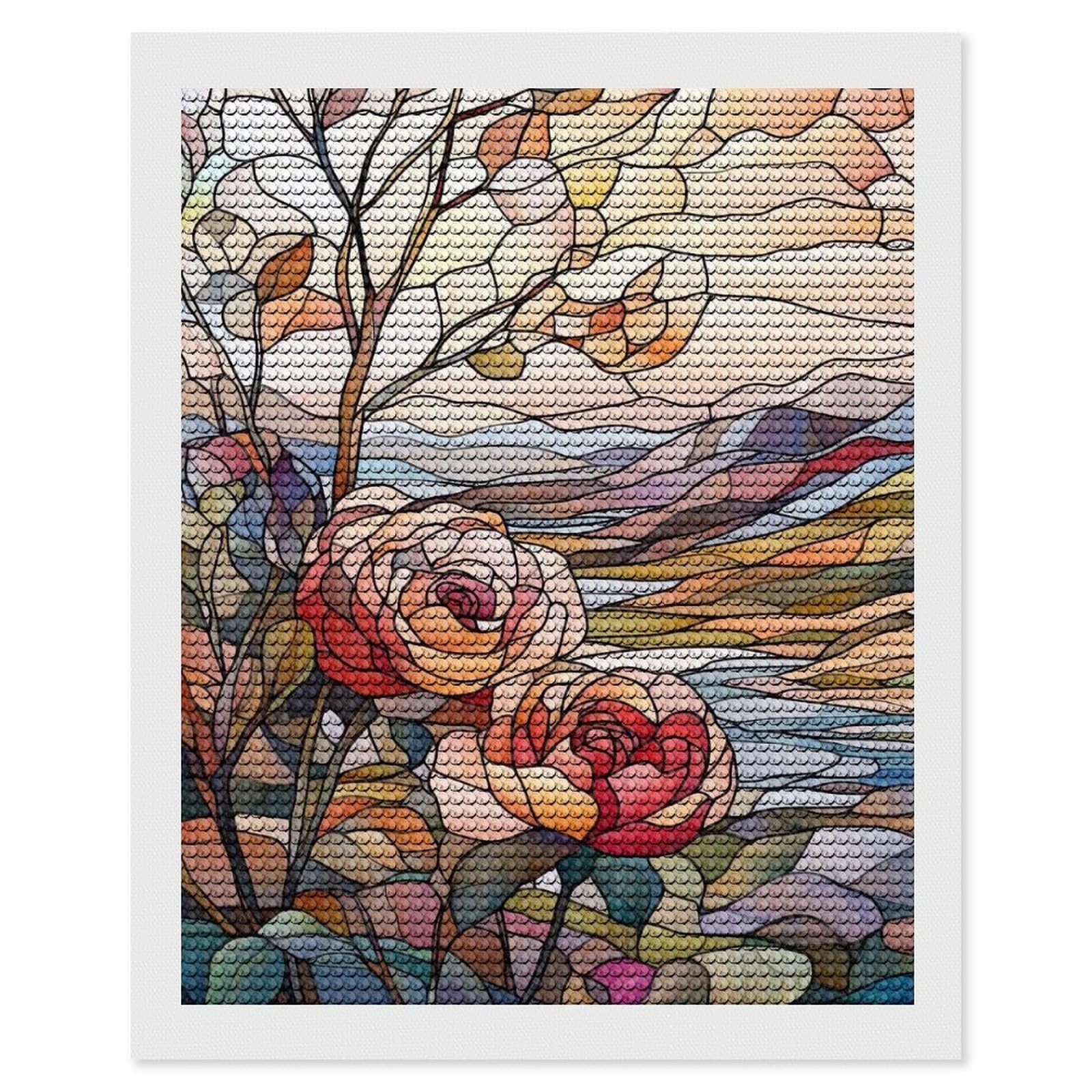Junmoney Stained Glass Roses(2) Round Drill Diamond Painting 16"x20", for Adults, Creative Leisure Activity, Office Decor, Holiday Gift Idea