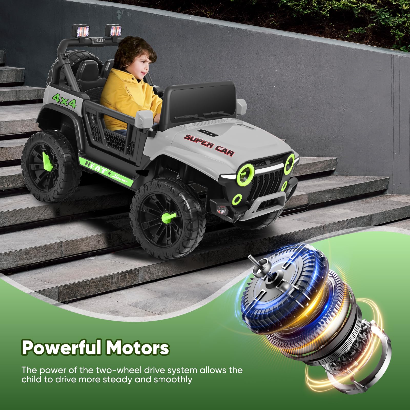Macchina Elettrica Per Bambini 12 V,telecomando per genitori,motori gemelli da 35 W,velocità massima di 5,2 km/h,lettore musicale, sospensioni a 4 ruote, luci a LED,cintura di sicurezza（Grigio）