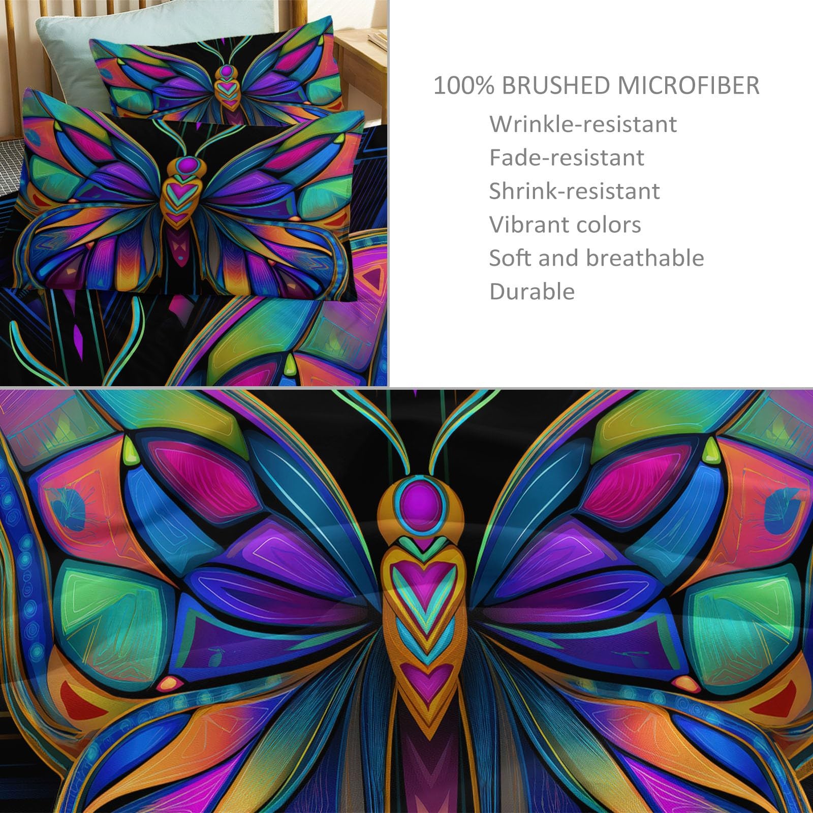 Abstrakcyjny zestaw poszewek na kołdrę motyl skrzydła tęcza szczotkowana mikrofibra puszysty, miękki komplet pościeli na kołdrę 180 x 220 cm, z oddychającymi poszewkami na poduszki z zamkiem