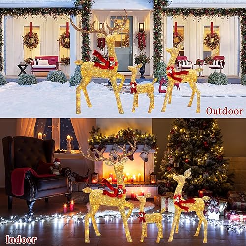 Miniatura 7 de Juego familiar de decoración de reno navideño grande 3D de 58 x 29 x 15 pulgadas, 3 piezas de 4.8 pies iluminados con 210 luces LED blancas cálidas