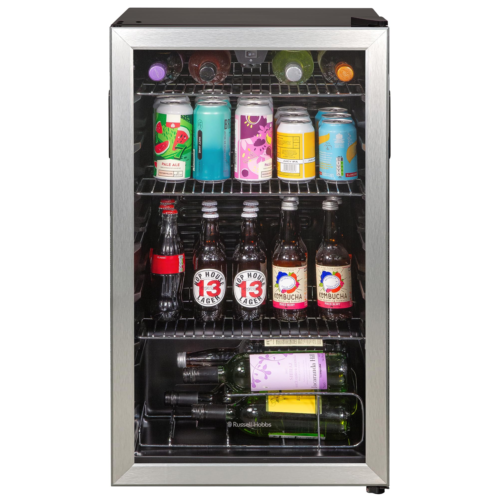 Russell Hobbs Undercounter Fridge 93 Litre/48 Can Undercounter Freestanding Beverage/Drinks Wine Fridge for Beer in Stainless Steel LED Light Drinks & Snacks Glass Door 2 Year Guarantee RH48BC101SS