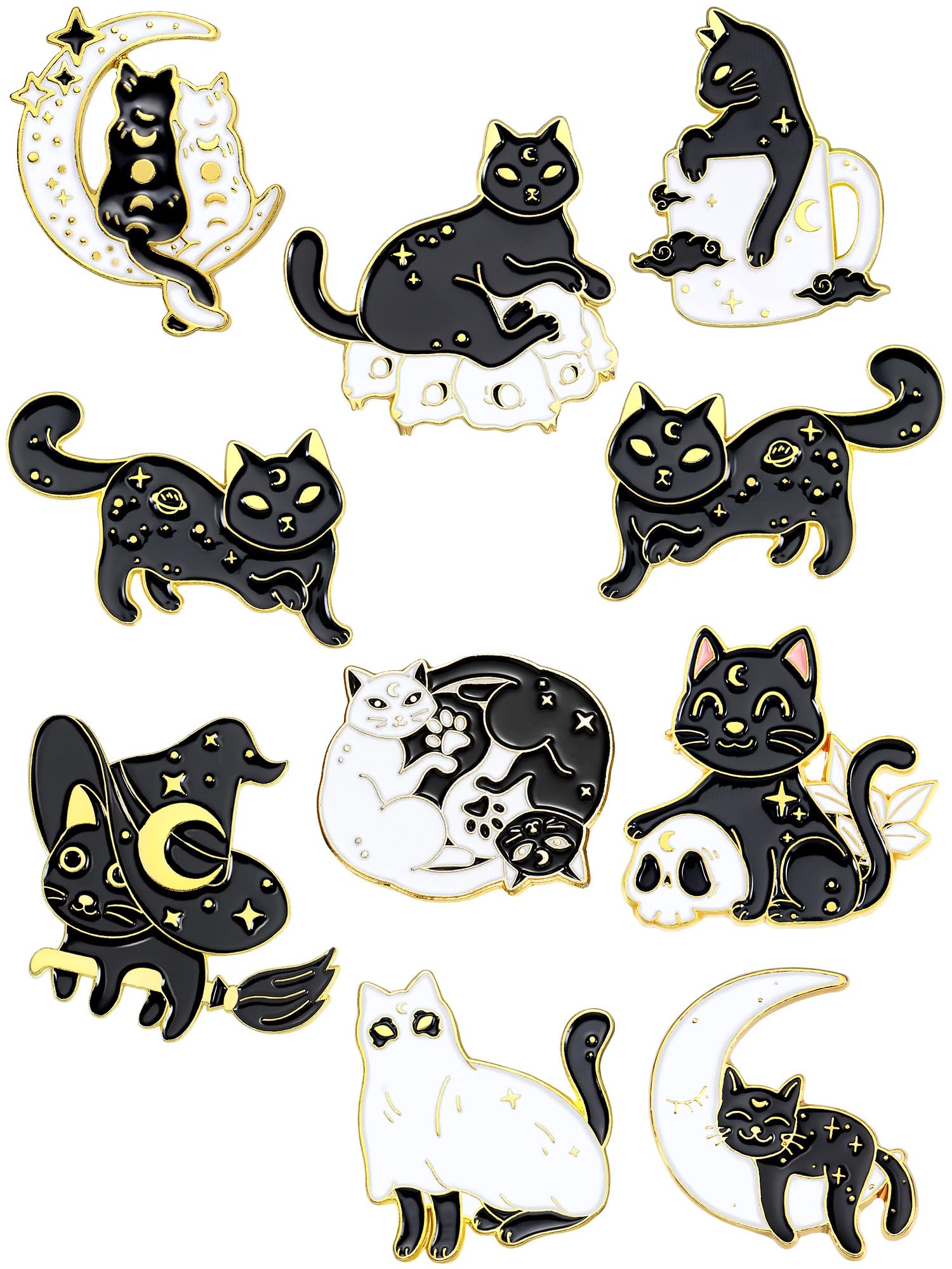 Hoteam10 Pieces Cat Pins Cute Brooch Pin Set Kawaii Backpack Pin Black Cat Book Brooch Gothic Aesthetic Buttons for Backpacks Clothing Bags Lapel Jackets for Women Men DIY Presents, Metal