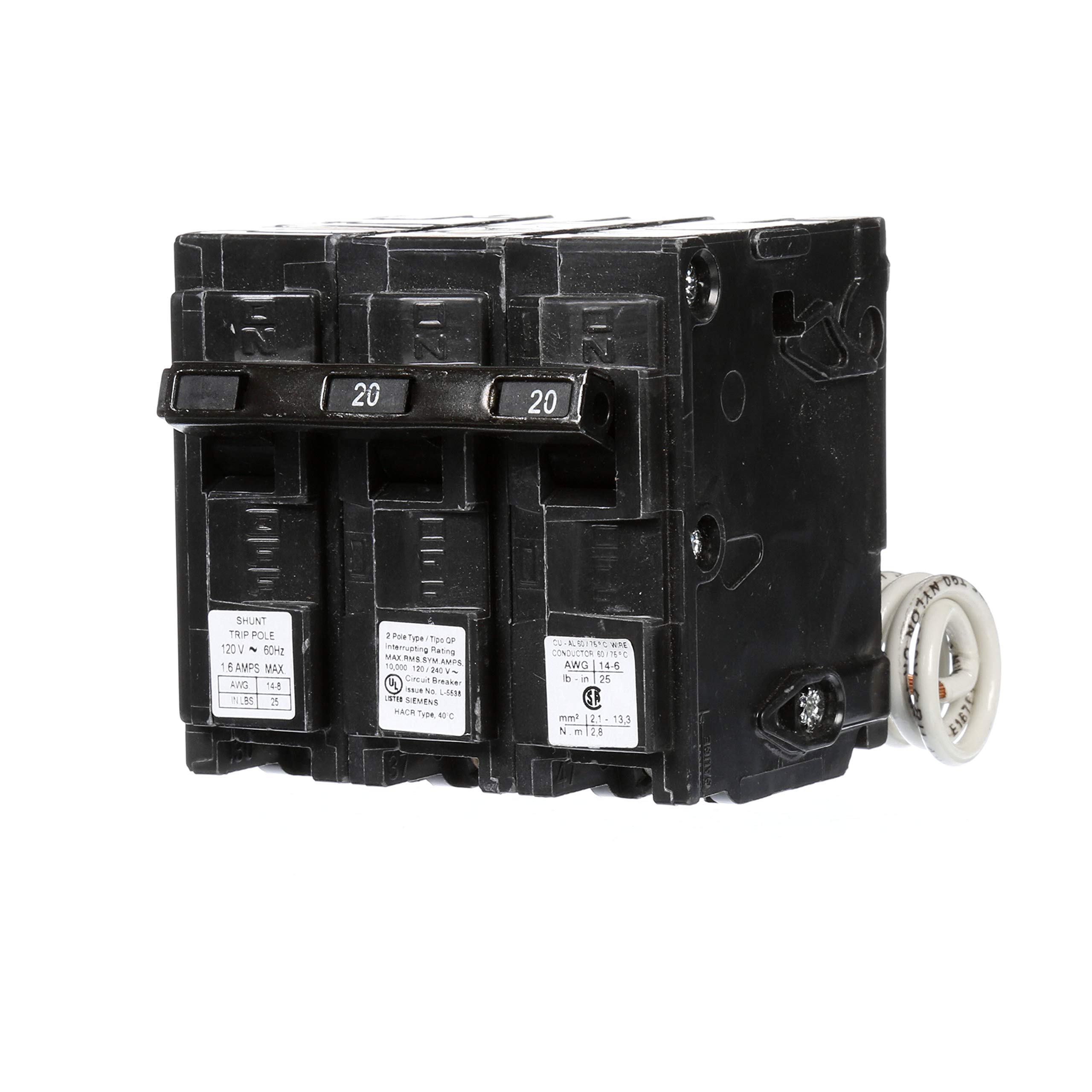 Siemens Q22000S01 120/240-Volt type MP-T 20-Amp Circuit Breaker with 120-Volt Shunt Trip Double pole