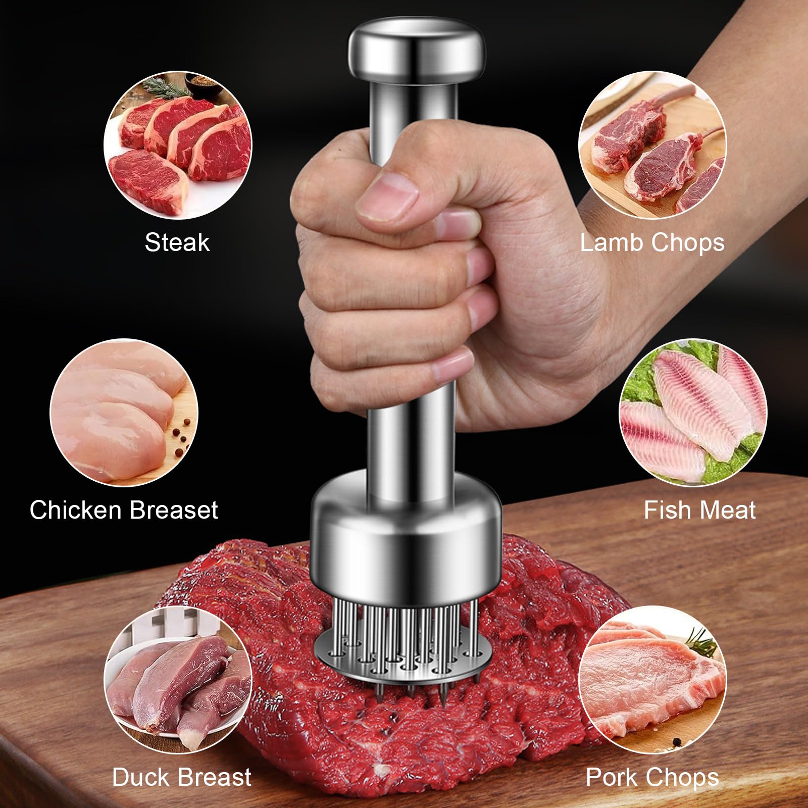 Batticarne in Acciaio Inox con 21 Aghi, Batticarne Manuale e Steaker, Ammorbiditore di Carne per Bistecca, Pollo, Pesce, Manzo e Maiale in Cucina