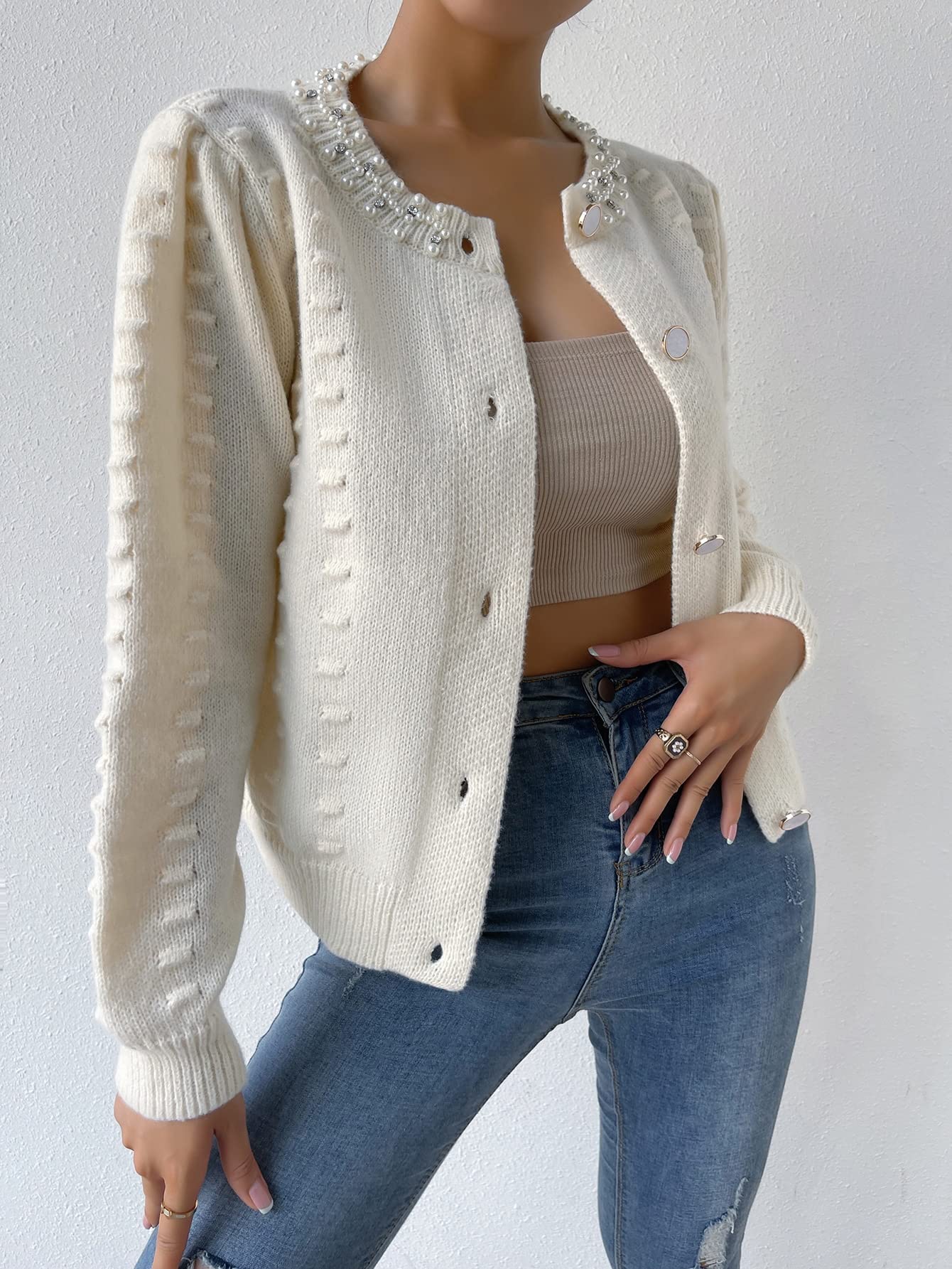 Sweater Dress for Women Rhinestone Pearls Beaded Cardigan Sweater