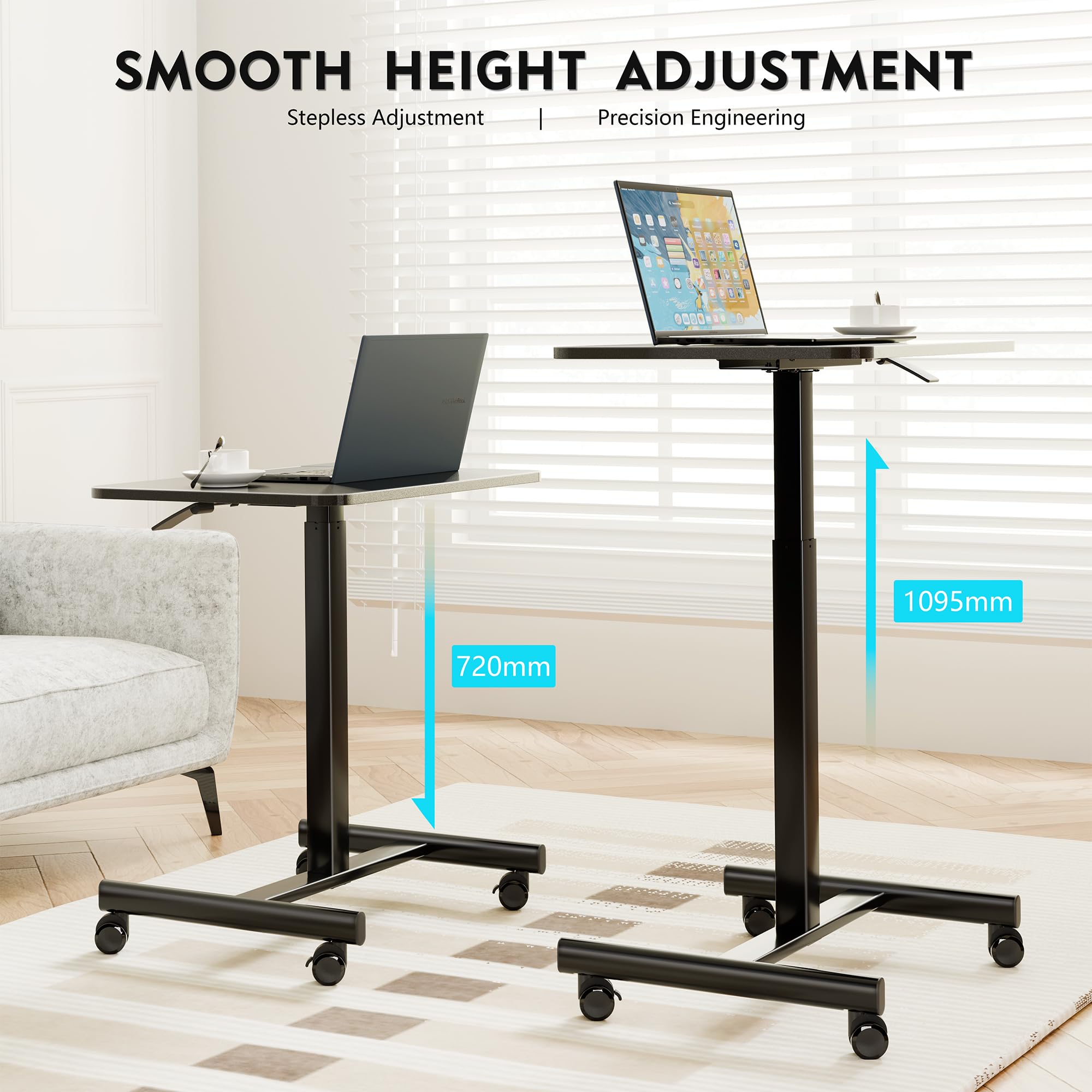 BONTEC Scrivania Regolabile in Altezza con 4 Ruote, Scrivania Salvaspazio, Scrivania Portatile Ergonomica per PC, Tavolino da Letto Pieghevole, 65x48 cm, Scrivania per Casa e Ufficio, Tavolo da Lavoro