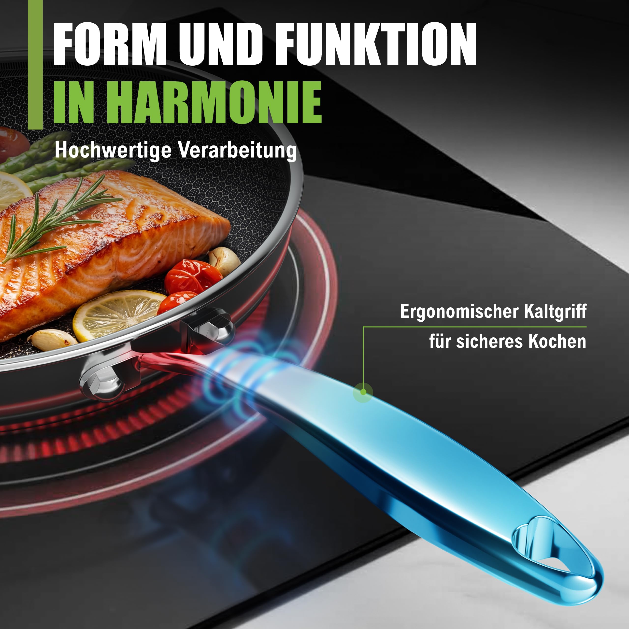 Kratzfeste Wabenpfanne 28cm | Keramik Edelstahl Mix | PFAS & PTFE Frei| 5-Schicht - 3mm -1,35 kg | Premium Bratpfanne für Induktion | Backofenfest & Spülmaschinenfest