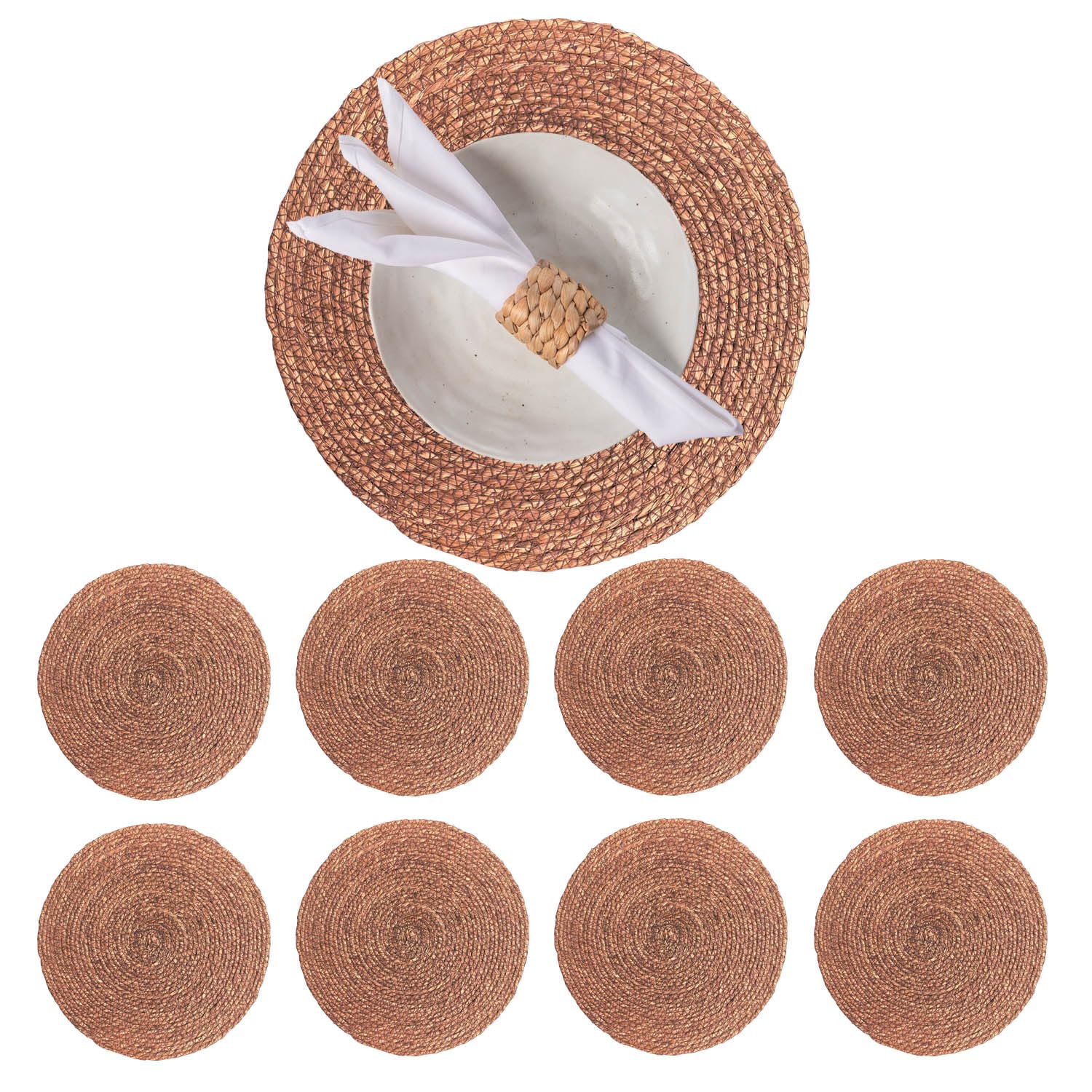 13.8" Set of 8 Brown Round Seagrass Placemats by Laquedecraft