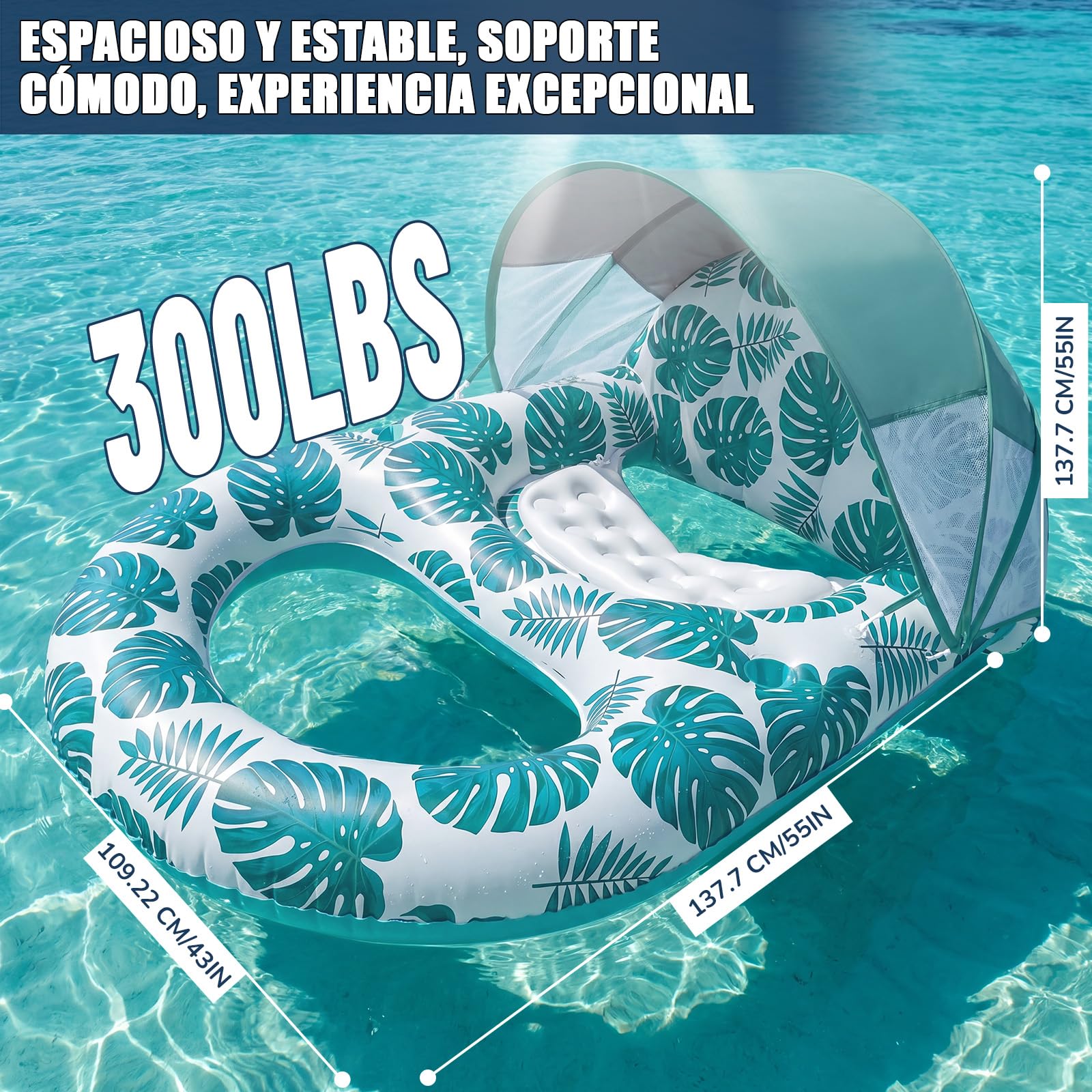 Colchoneta Piscina Adultos, Inflable Flotador con Sombrilla Colchón de Aire Adulto con Portavasos y Respaldo para Verano Piscina Playa