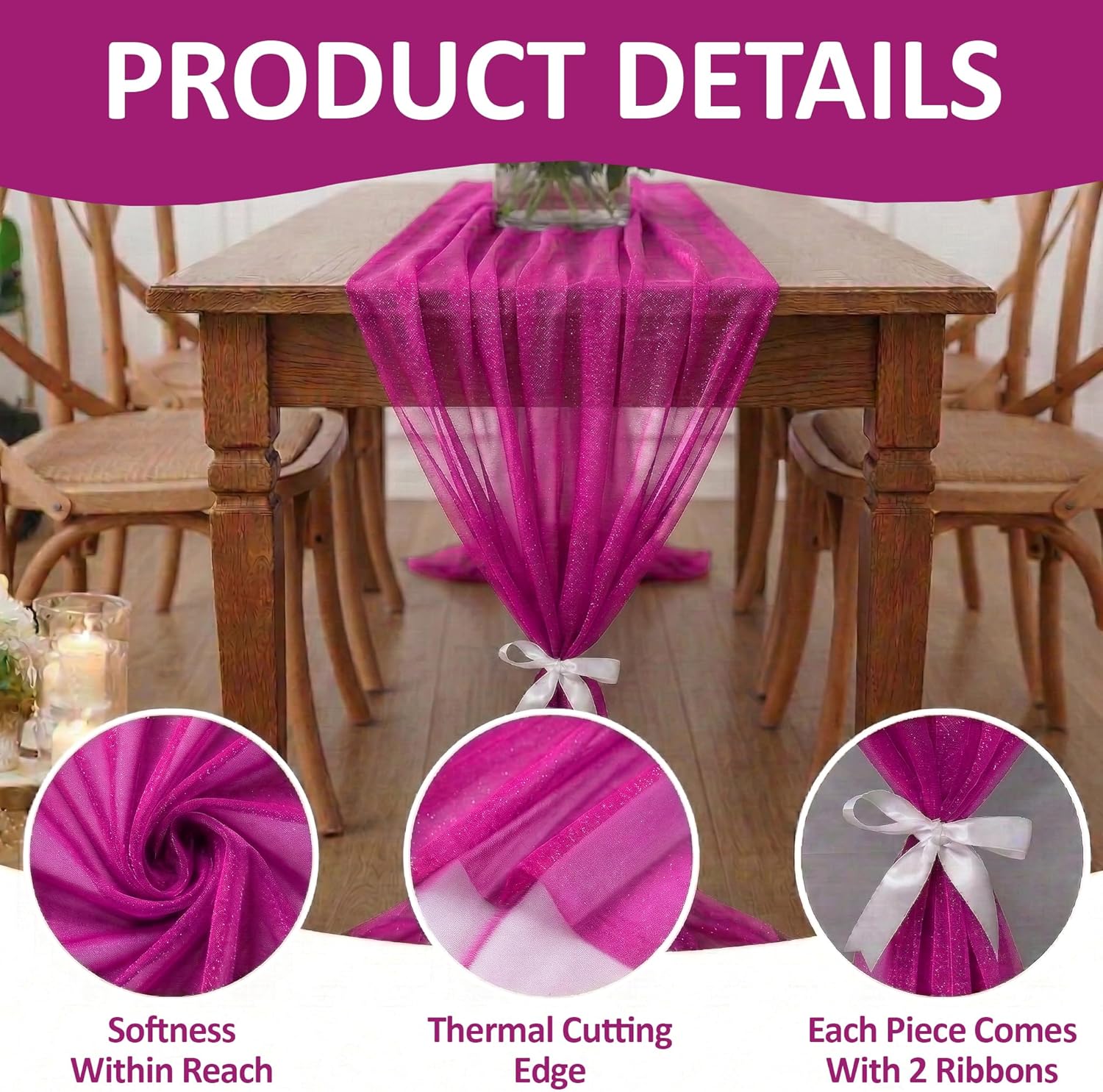 MDS 10 Pack 10ft Chiffon Table Runner 29 x120 Inches Sheer Wedding Runner Romantic Rustic Table Runner for Wedding Decorations, Birthday Parties, Bridal Shower Party Arch Decor - Magenta