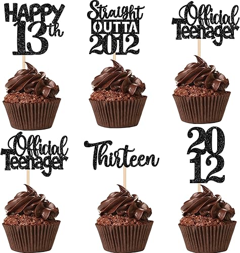 Miniatura 1 de 30 piezas negras para cupcakes de cumpleaños número 13 con purpurina para 13 años y 13 años y 13 años, suministros de decoración de fiesta de