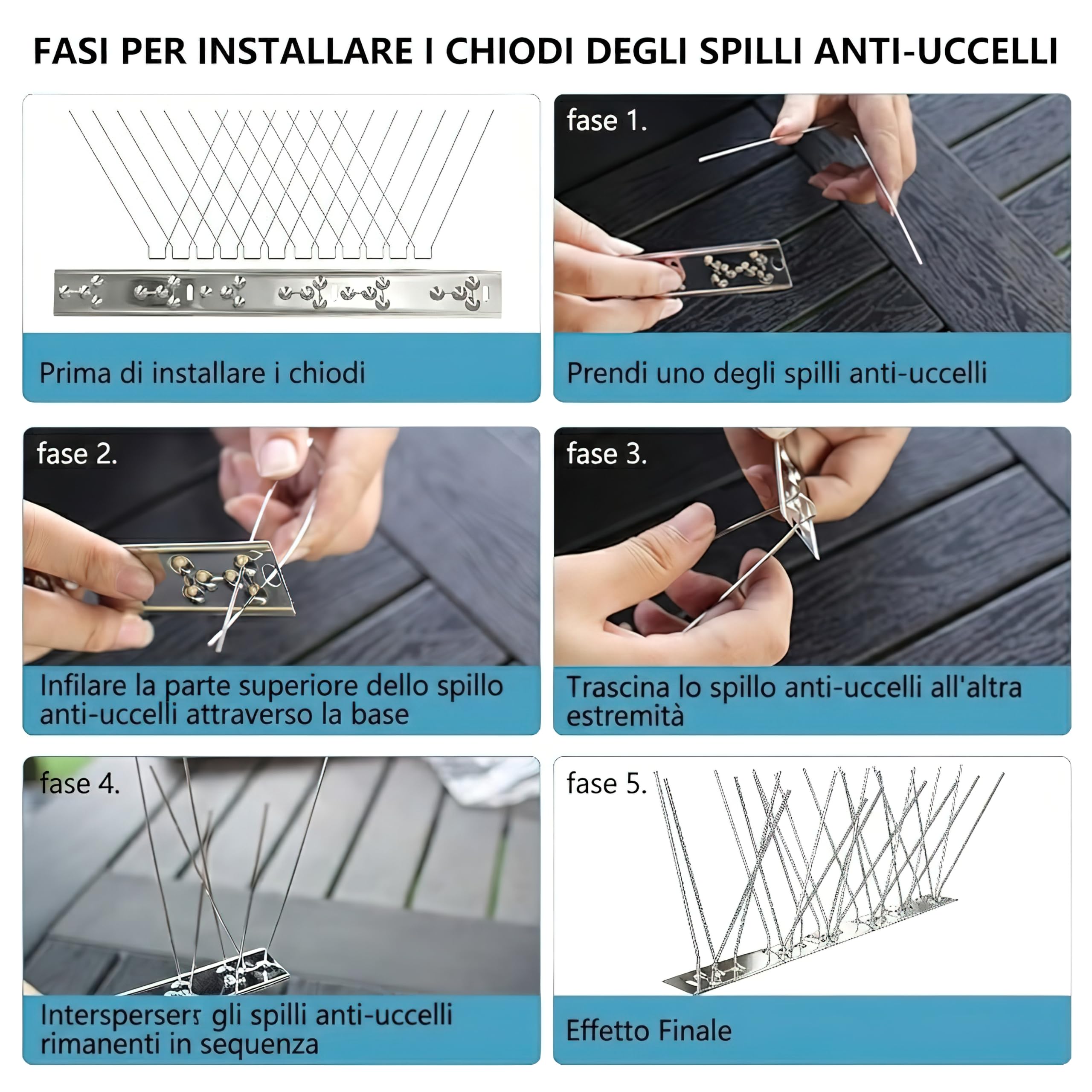 Dissuasori Piccioni Inox (9,5m, 38 pz da 25cm) - Spilli Anti Volatili 304 con 76 Viti & 76 Fascette - per Balcone, Grondaia, Ringhiera & Tetto - Esterno
