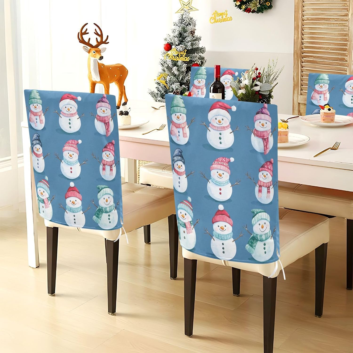 MNSRUU Christmas Chair Back Cover for Dining Room,Snowman Chair Slipcovers Set of 6,Snowman Chair Cover for Kitchen Hotel Holiday Party Decor,455