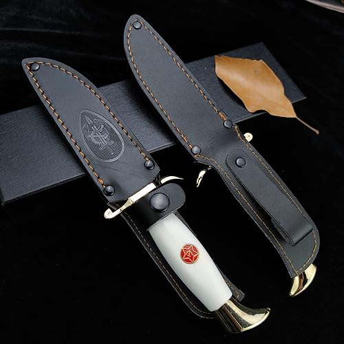 Miniatura 6 de HUAAO Cuchillo Bowie con funda, cuchillo de supervivencia de hoja fija de espiga completa con mango acrílico para caza, pesca y campamento (blanco)