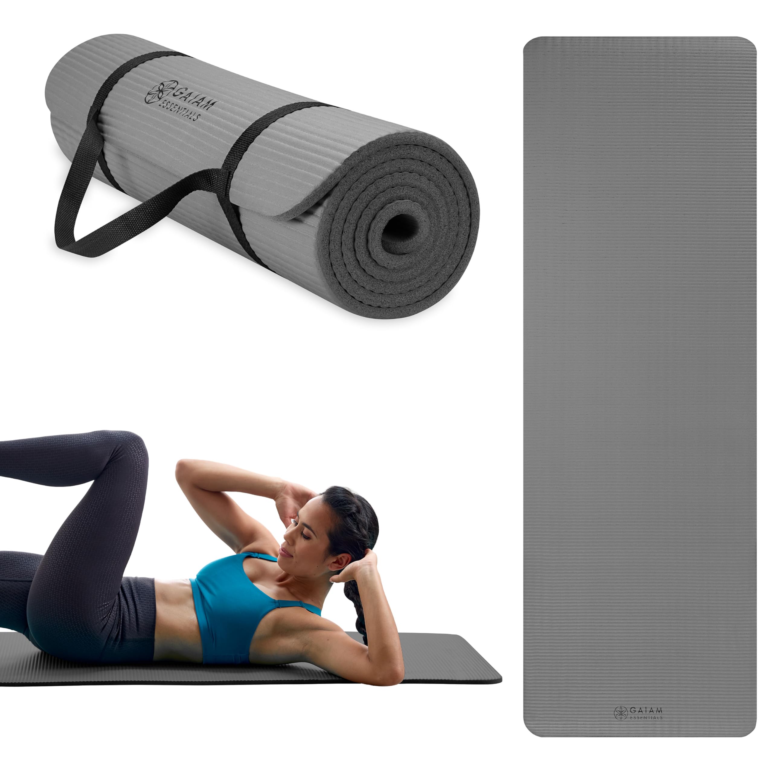 Gaiam Essentials Thick Yoga Mat Fitness & Exercise Mat with Easy-Cinch Yoga Mat Carrier Strap, 72"L x 24"W x 2/5 Inch Thick