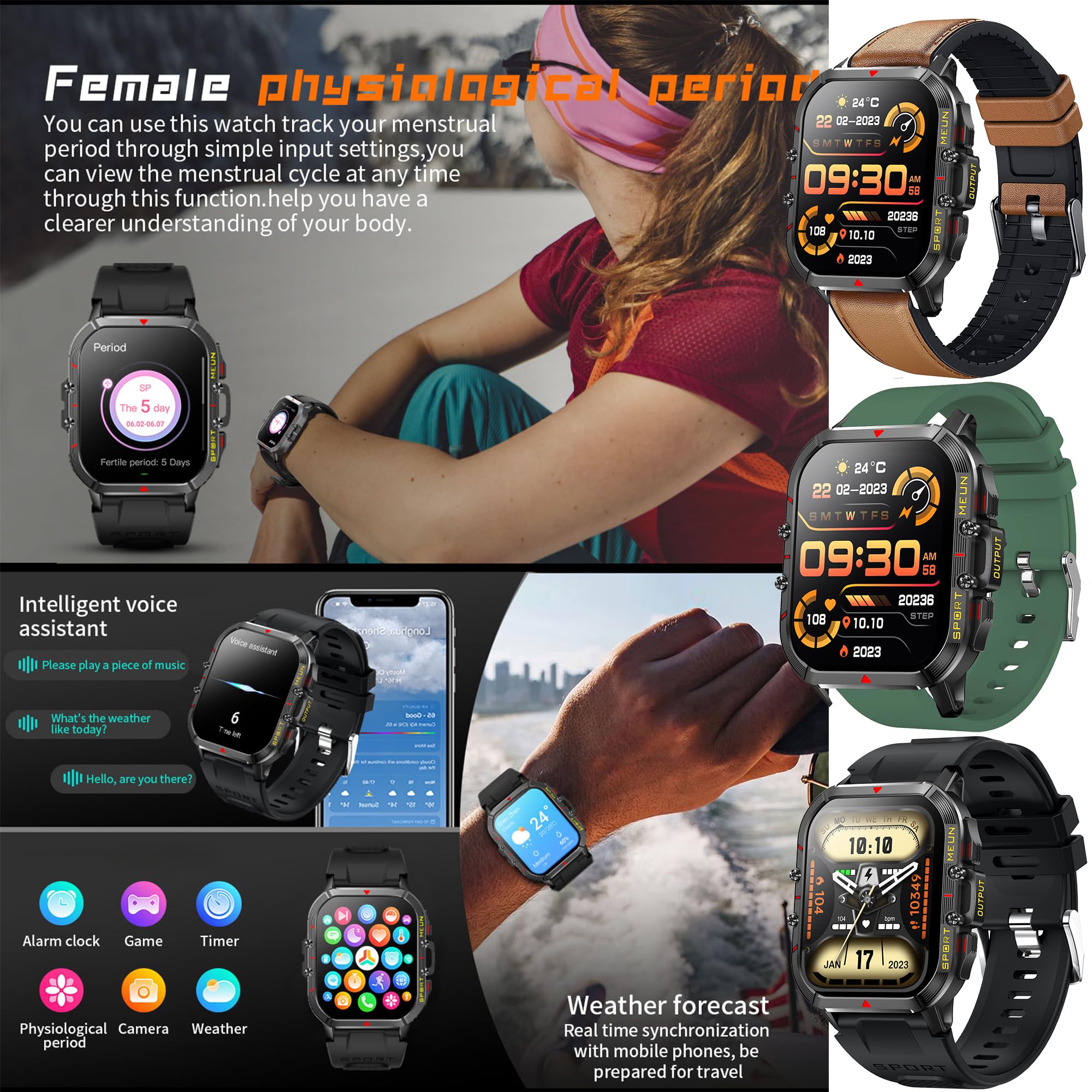 Montre Connectée Homme avec Appel Bluetooth 5.1/Numérotation, 1,96" Smartwatch Compatible Samsung Huawei Xiaomi Android iOS Podometre GPS Partagé Montre 123 Mode Sports Cardiofrequencemetre (Noir)