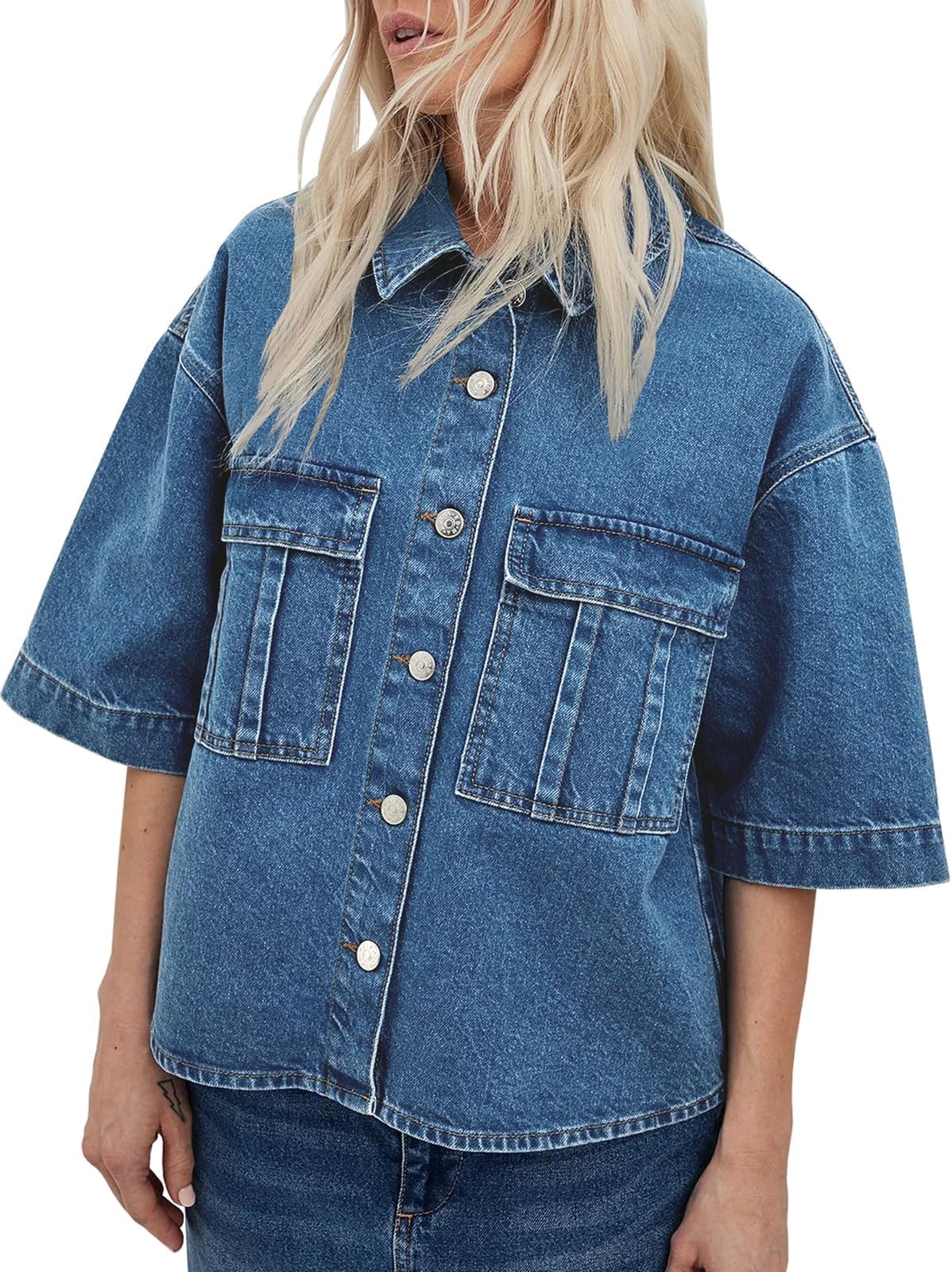 Imily Bela Womens Cropped Denim Jackets Oversized Fall Casual Short Sleeve Jean Shirts Shackets with Pockets