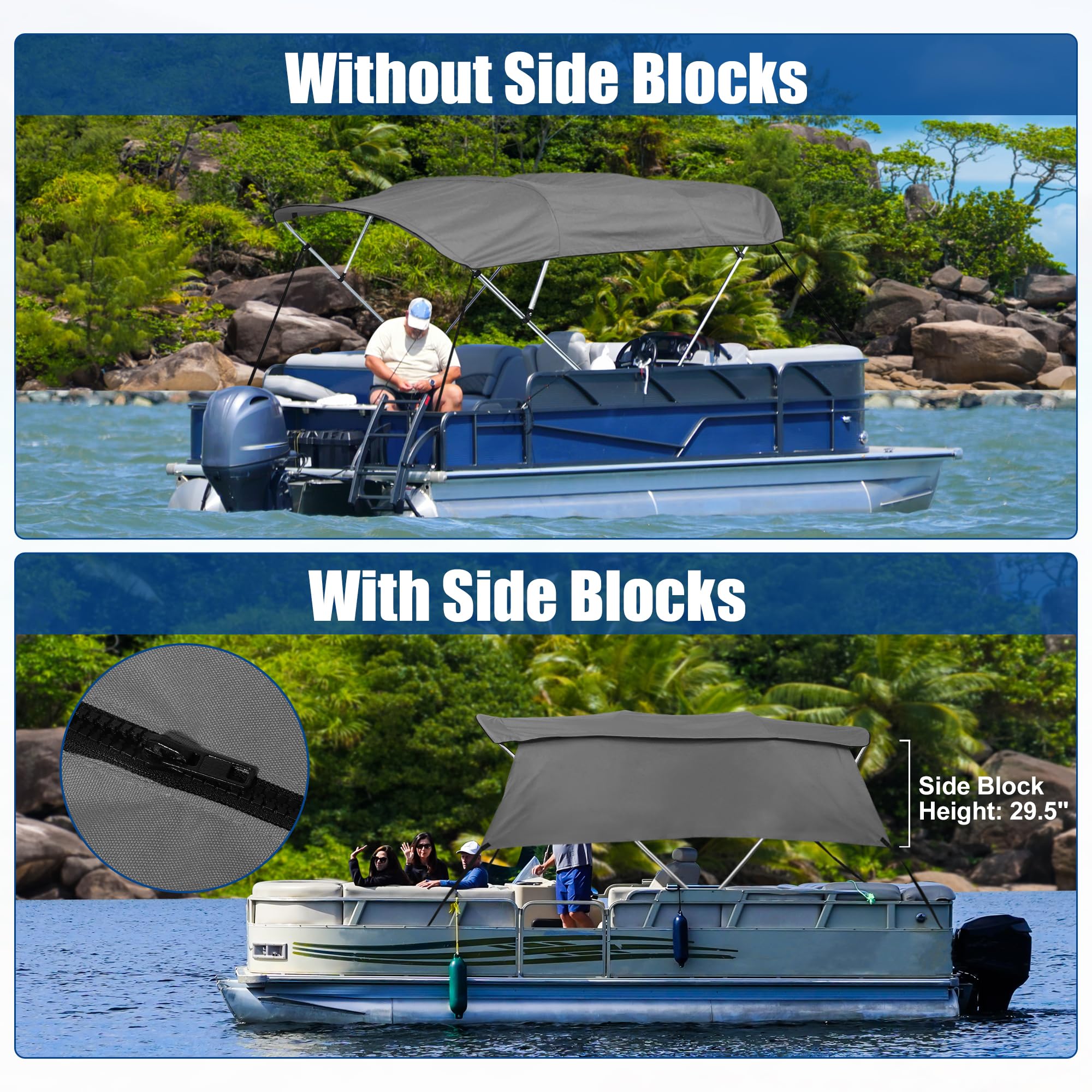 X AUTOHAUX 600D 4 Bow 8'L x 54"H x 91 "-96" W Bimini Top Canvas Cover Grigio