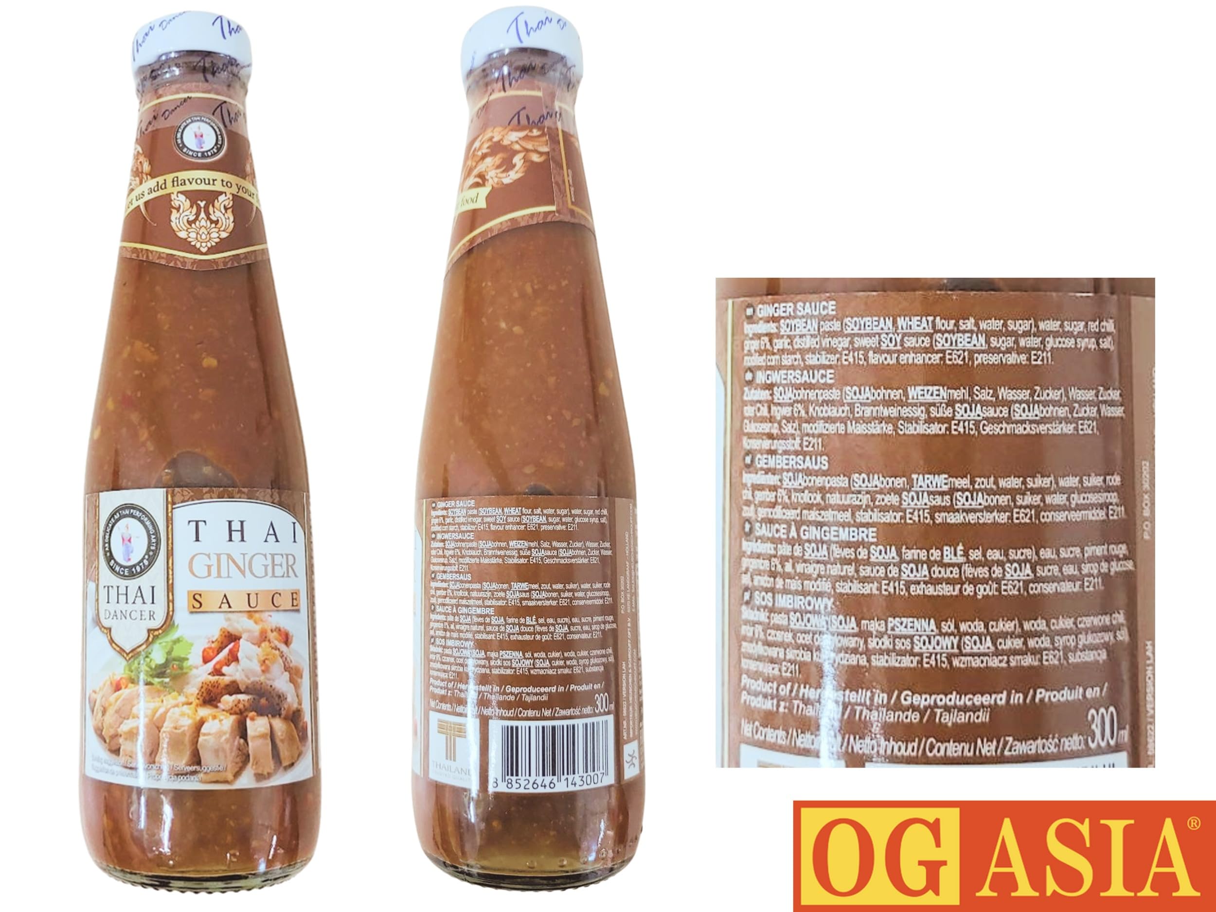 THAI DANCER Lot de 2 bouteilles de sauce thaïlandaise authentique au gingembre OG ASIA 600 ml