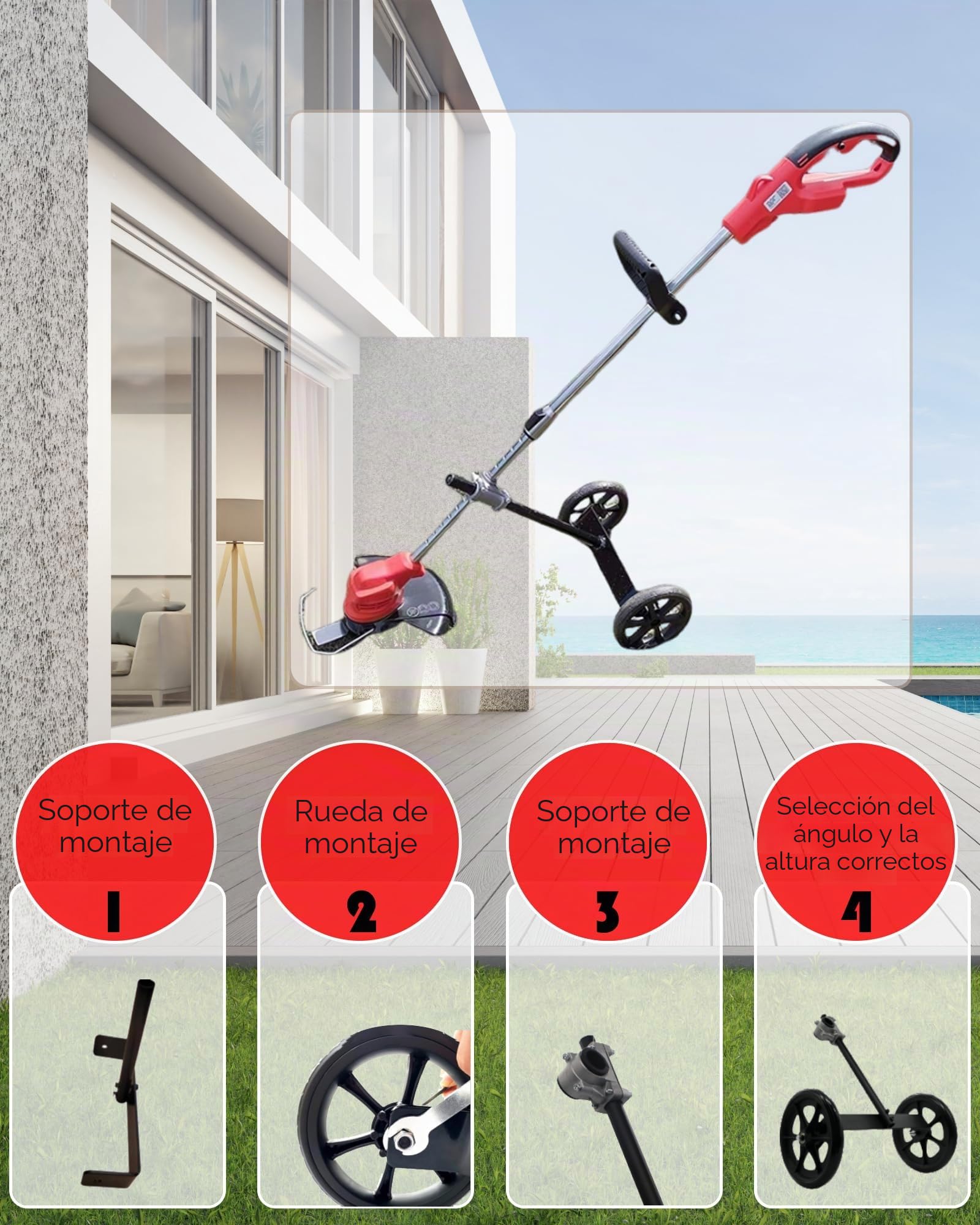 Accesorio de rueda de recortadora de cuerda, rueda de soporte de 20 pulgadas de altura ajustable con tubo de eje de 1 a 1.35 pulgadas para desbrozadora eléctrica de cuerda de gas, rodillo de césped de