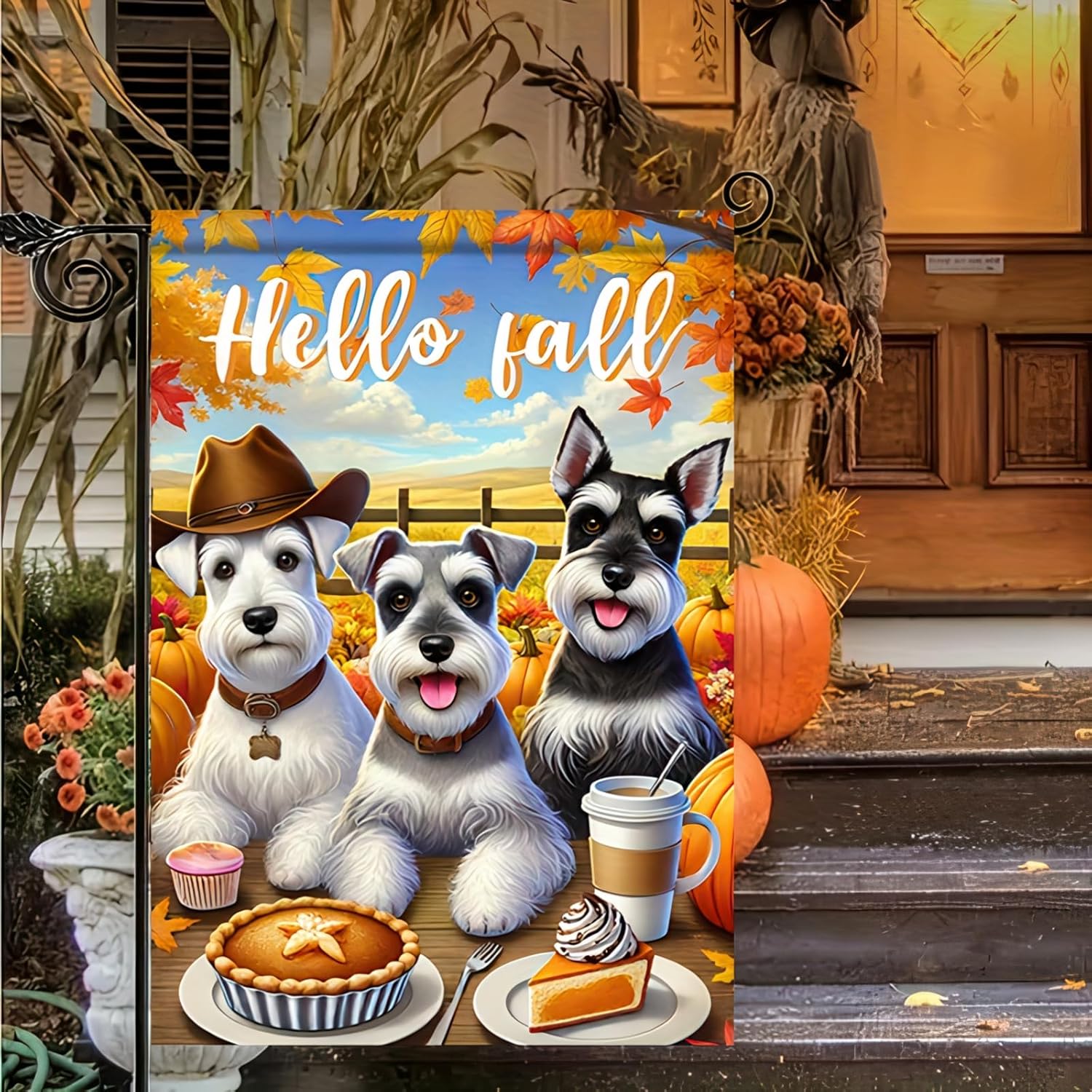 Hello Fall Garden Flag 12x18 Double Sided Schnauzer Dog Garden Flag Autumn Pumpkin Welcome Flag Thanksgiving Outdoor Outside Decorations Seasonal Yard Dog Flag Porch Decor Banner - Image 3