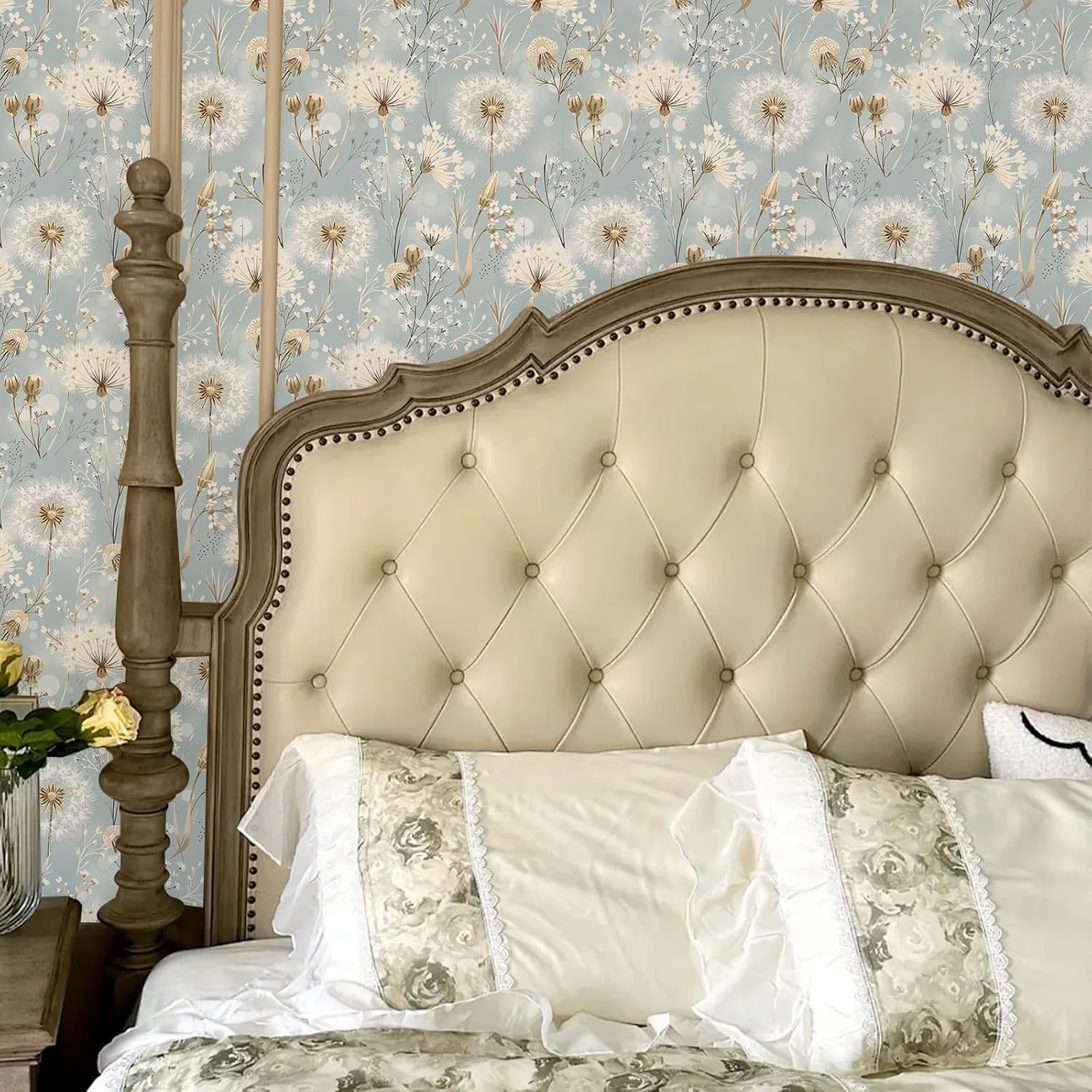 Dandelions and Wildflowers Peel and Stick Wallpaper Soft Gray and Blue Self Adhesive Removable Leaf Floral Contact Paper Nursery Bedroom Mural Wall Decorative 17.71"x236.2"