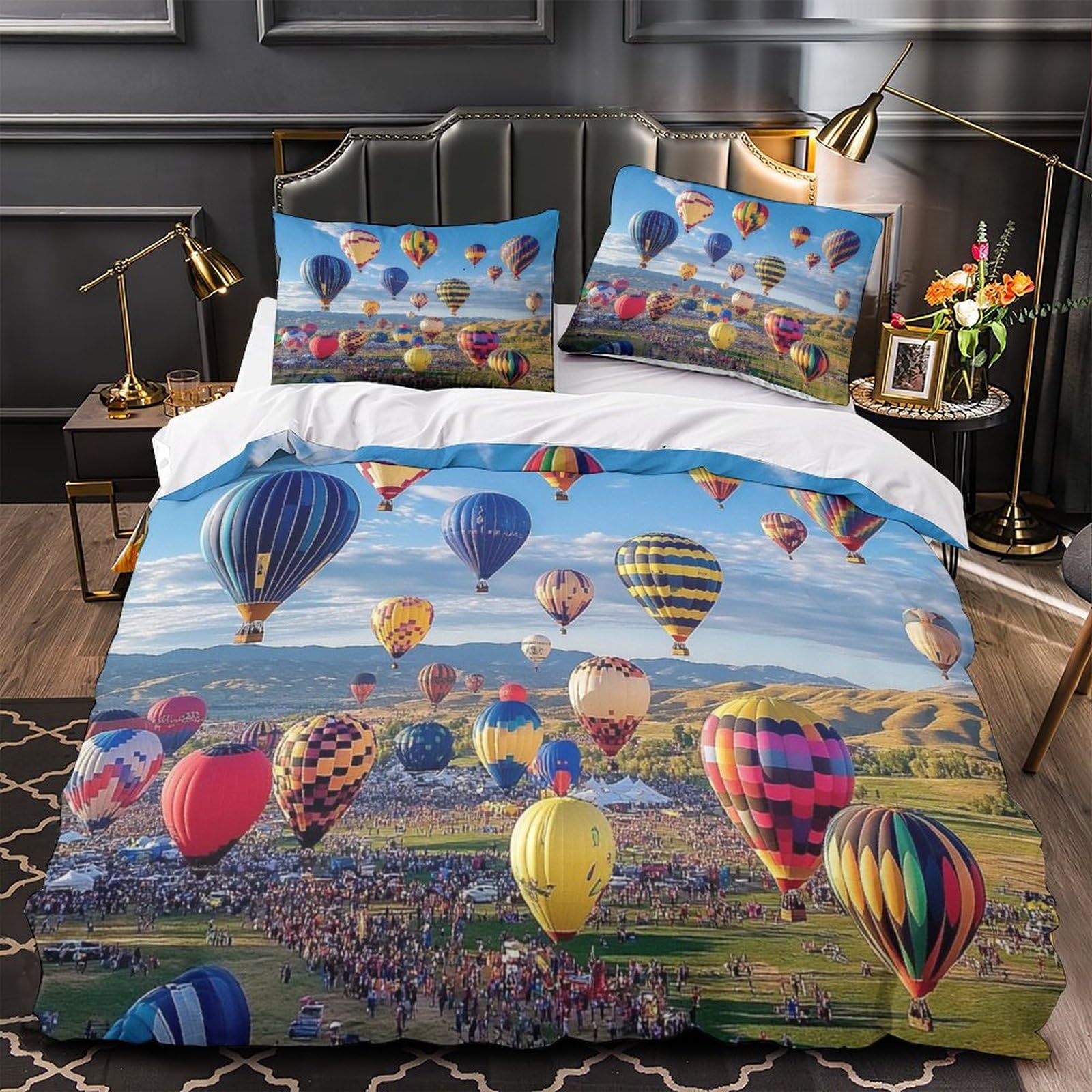 QIAVXZIP Hot air balloons 3D Printed 3 Piece Set Duvet Cover Colorful festival scene Quilt Cover Dust Mite Resist Microfiber Invisible Zipper Anti-Fungal for Teens Adults King（220x240cm）