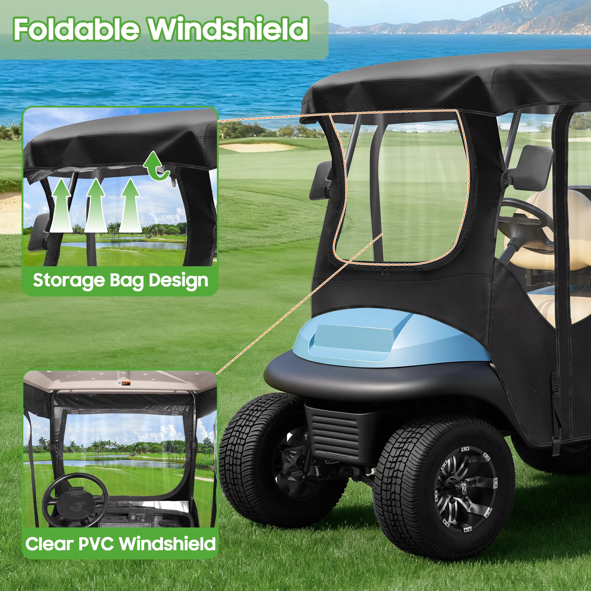 10L0L Funfa Buggy Golf para 4 pasajeros Club Car Precedente 240cm Techo extendido, 600D Cubierta Impermeable de Alta Resistencia con 4 Puertas Aberturas de PVC Transparente para Espejos Laterales