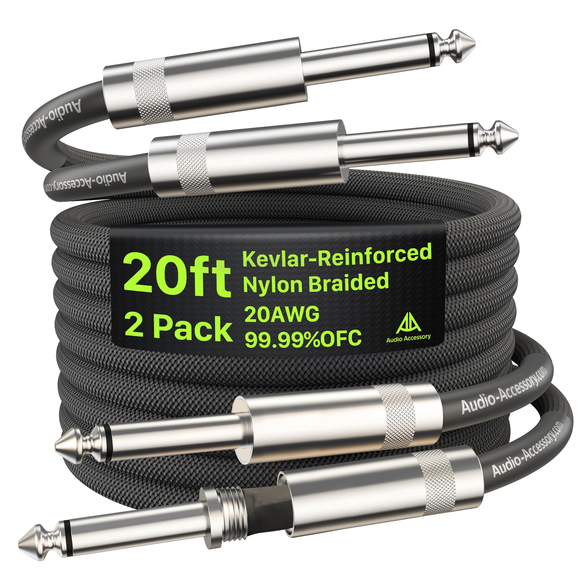 Cable de guitarra AA de 20 pies, 2 unidades, conectores profesionales Neutrik Rean, cable de instrumento trenzado de nailon reforzado con Kevlar, 20 AWG, OFC, cable de guitarra eléctrica de un cuarto