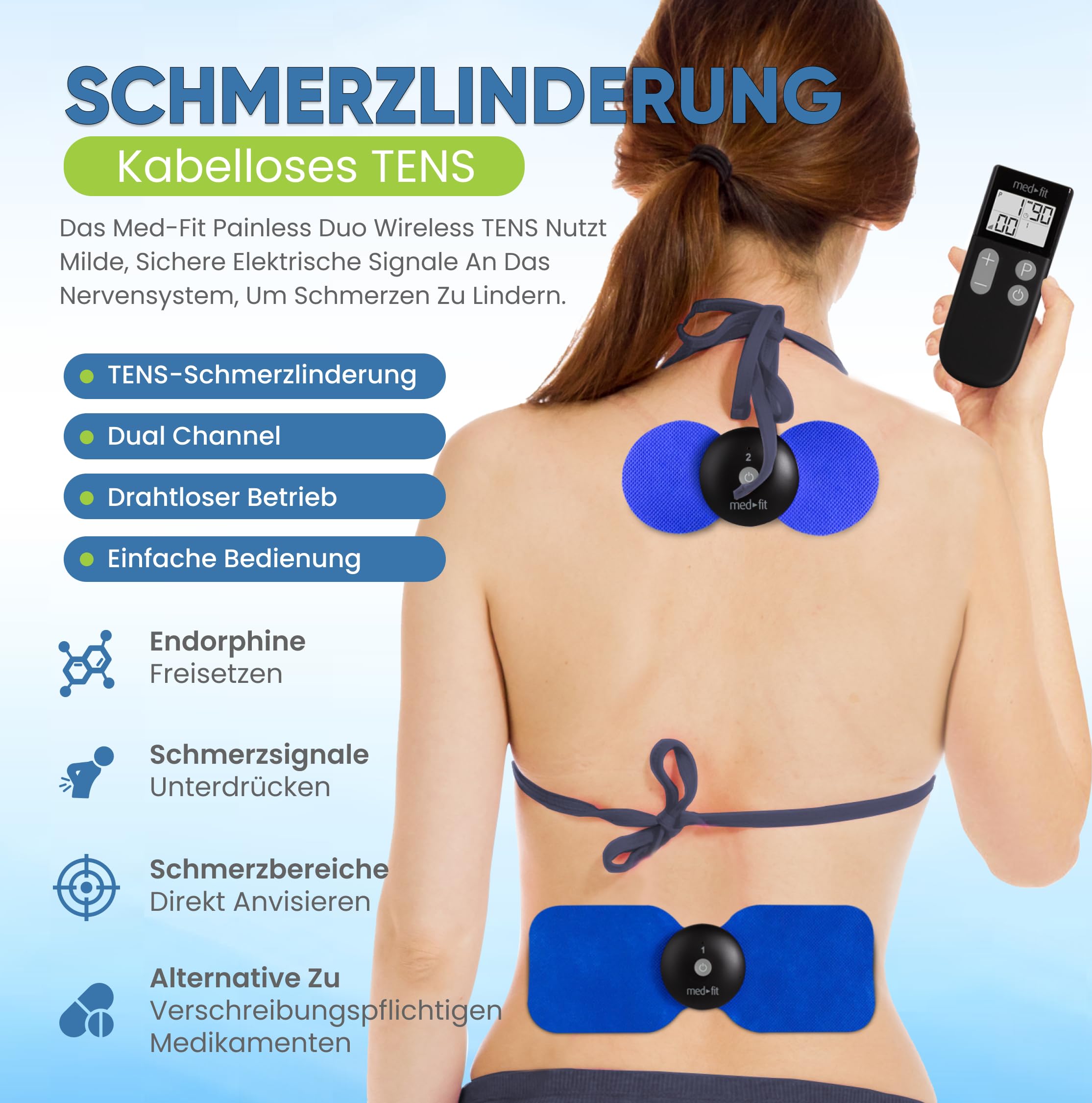 Medfit 2 ® Professionelle kabellose Zweikanal TENS Maschine & Muskel-Stimulator. Zwei kabellose TENS Module für sofortige und gezielte Schmerzlinderung. Die raffinierteste Technologie von TENS+. Benötigt keine Batterien und kein Kabel.