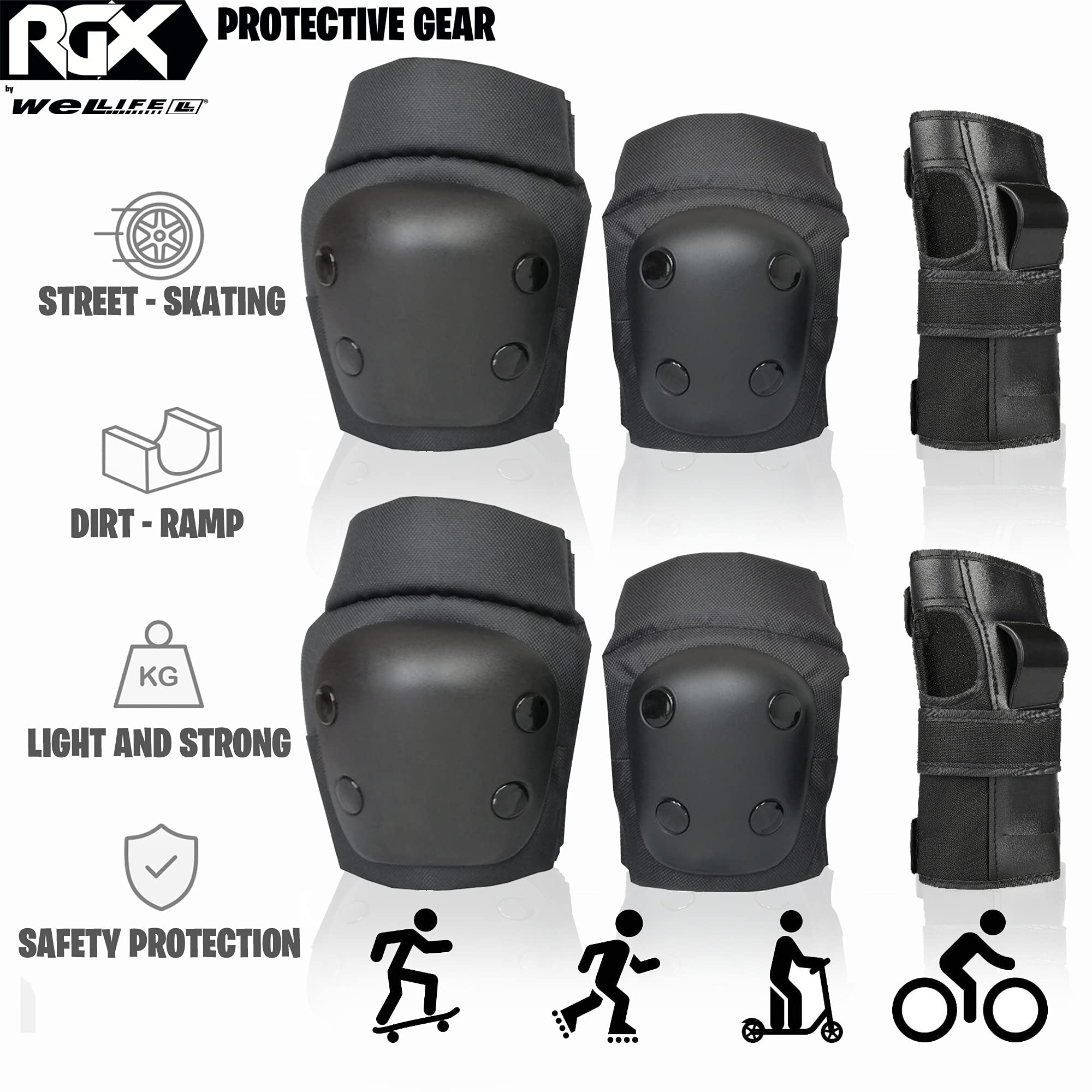 WeLLIFE Casco Regolabile per Bambino e Ragazzo Compreso Set Protezione, Casco e Kit di Protezioni Completo di Ginocchiere Gomitiere Parapolsi per Skateboard, Pattini in Linea, Bici, Monopattino