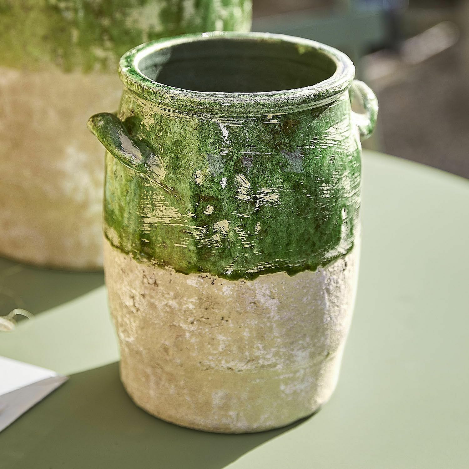 Loberon Reefton Lot de 2 vases - en Terre Cuite - Partiellement émaillé à la Main, Vert Vieilli