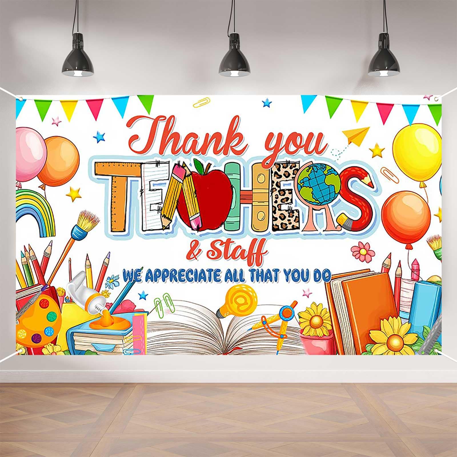 Aperturee Thank You Teachers Banner - 70.8 x 43.3 Inch Colorful Teacher Appreciation Week Decoration with School Supplies and Balloons Backdrop
