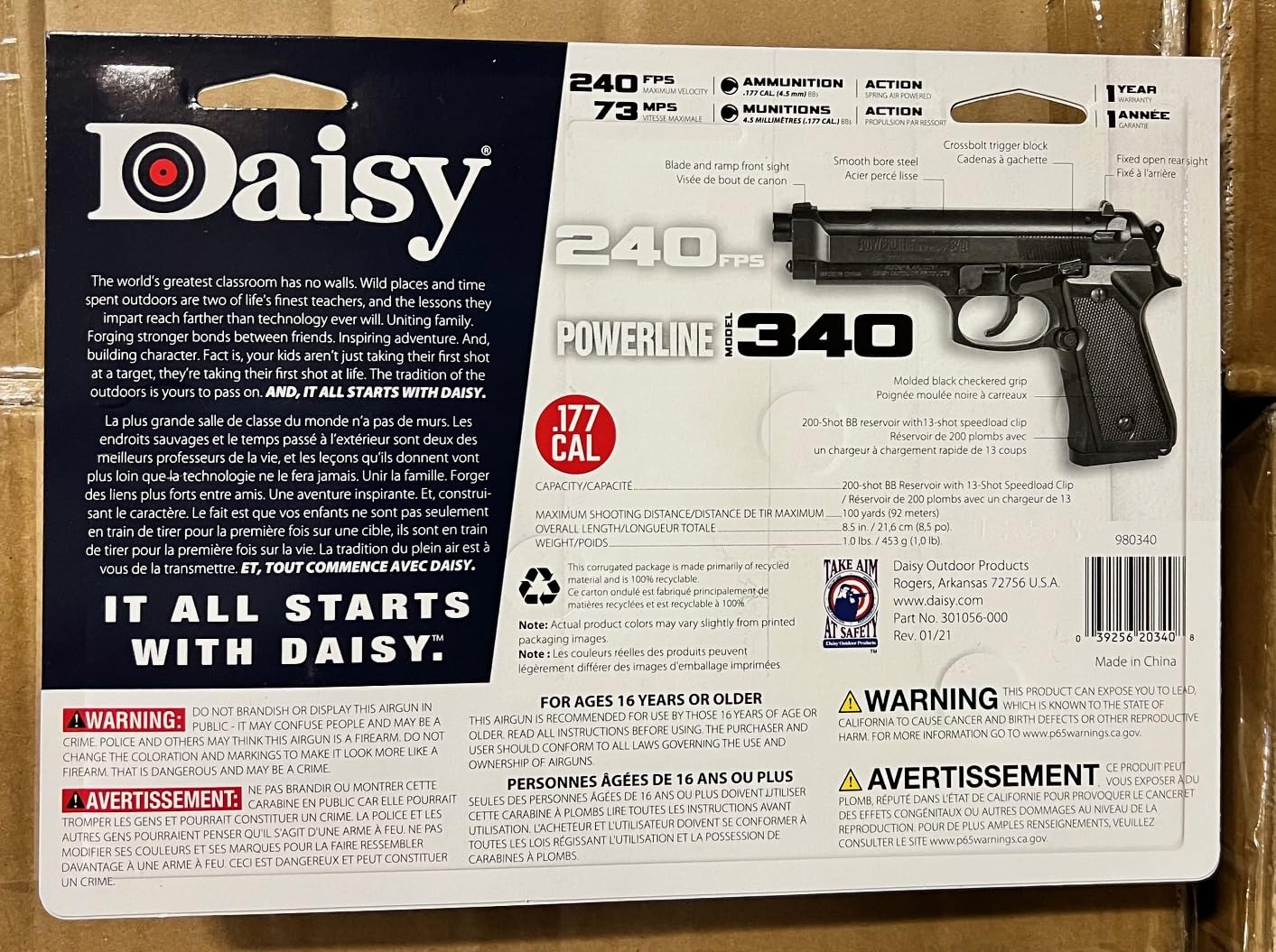 DAISY Pack 340 Powerline - Pistola de Aire comprimido (Muelle) de balines/perdigones BBS de Acero 4.5mm | Réplica Beretta 92 <3,5 Julios
