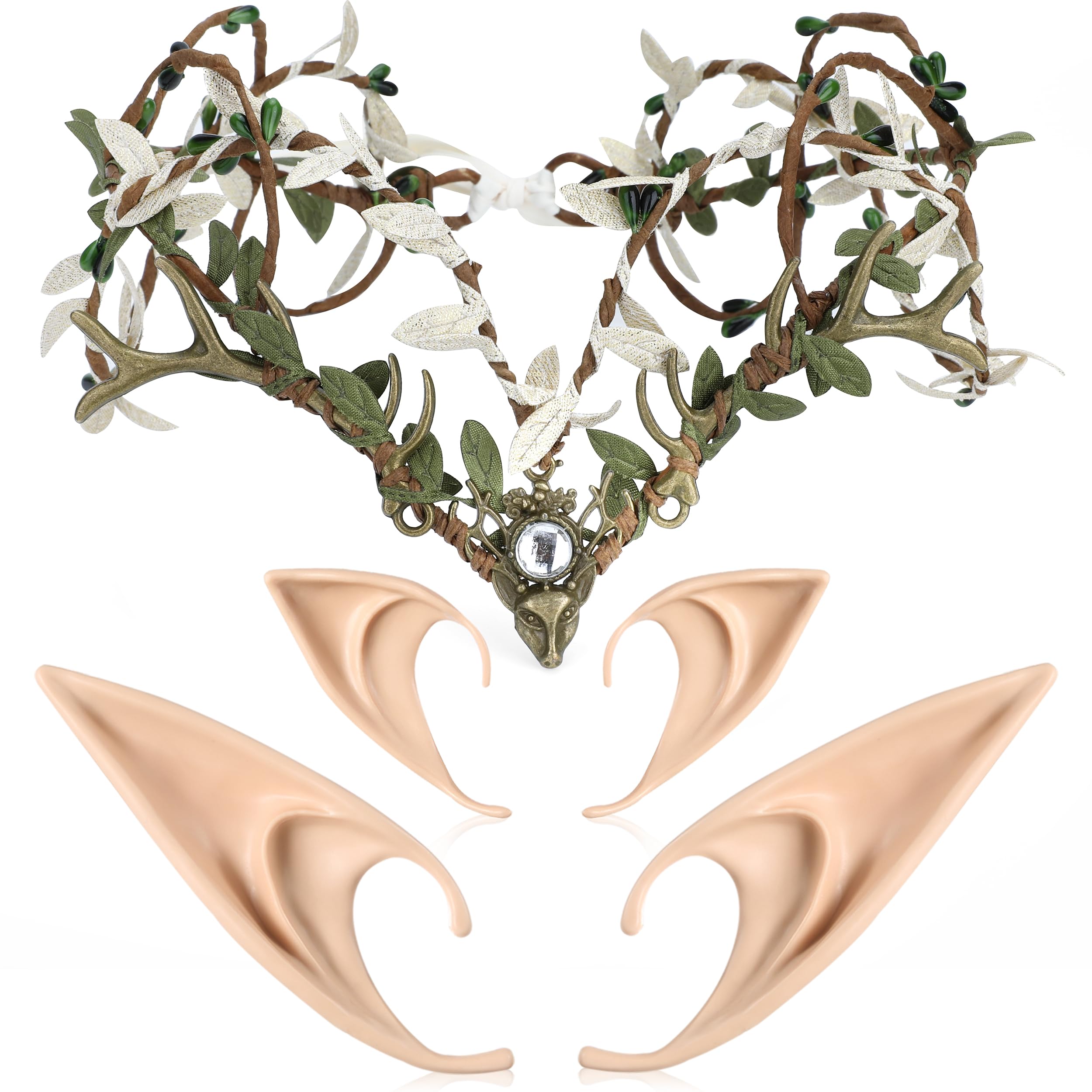 MOSTORY Antler Flower Crown for Fairy Costume Women Woodland Fairy Headpiece with Elf Ears Set for Renfaire Accessories Cosplay