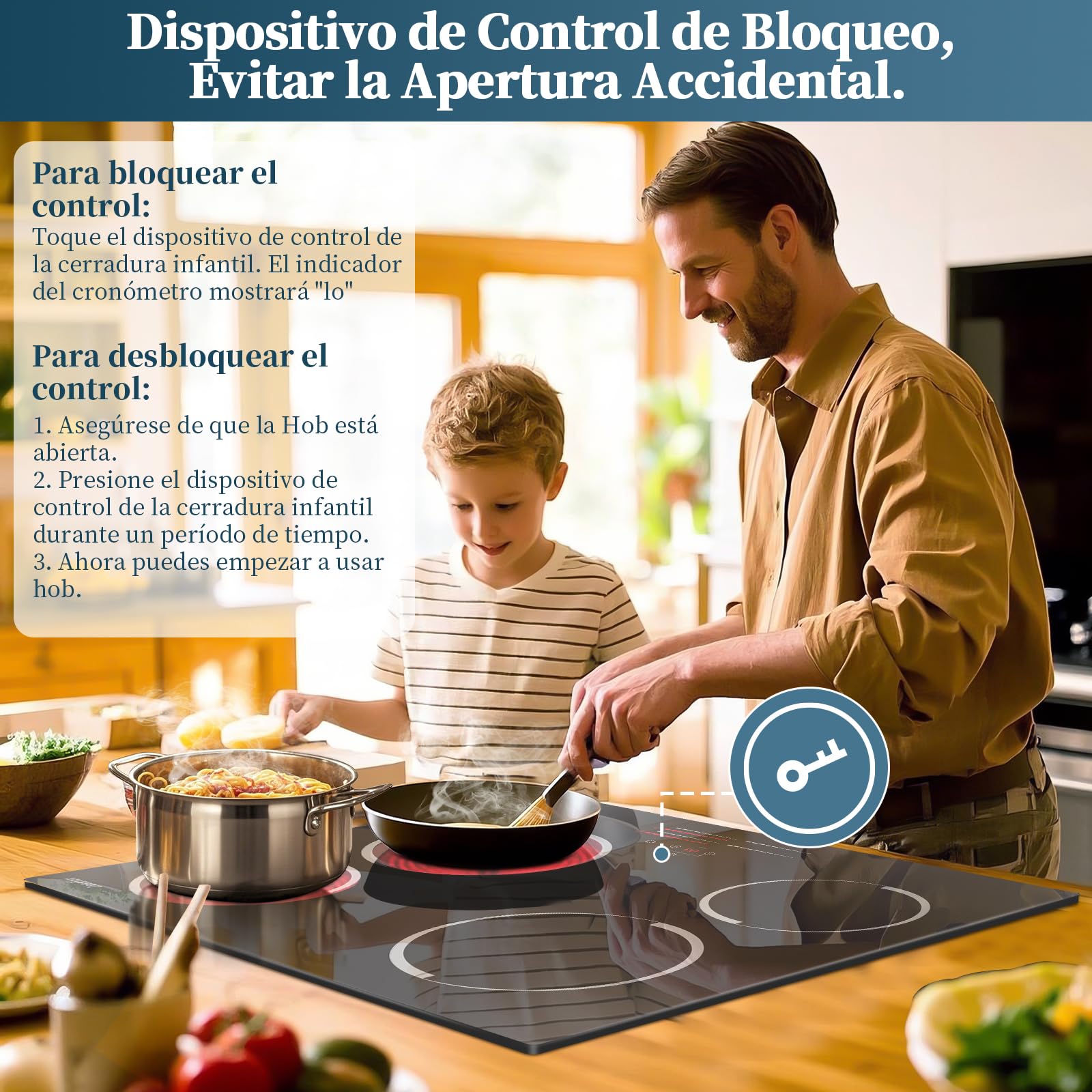 Placa Vitroceramica 4 Fuegos 60 cm Jessier, Control Deslizante, Placa Electrica Cocina 9 Niveles de Potencia, Temporizador, Bloqueo de Seguridad, 220V~240V, 6000W