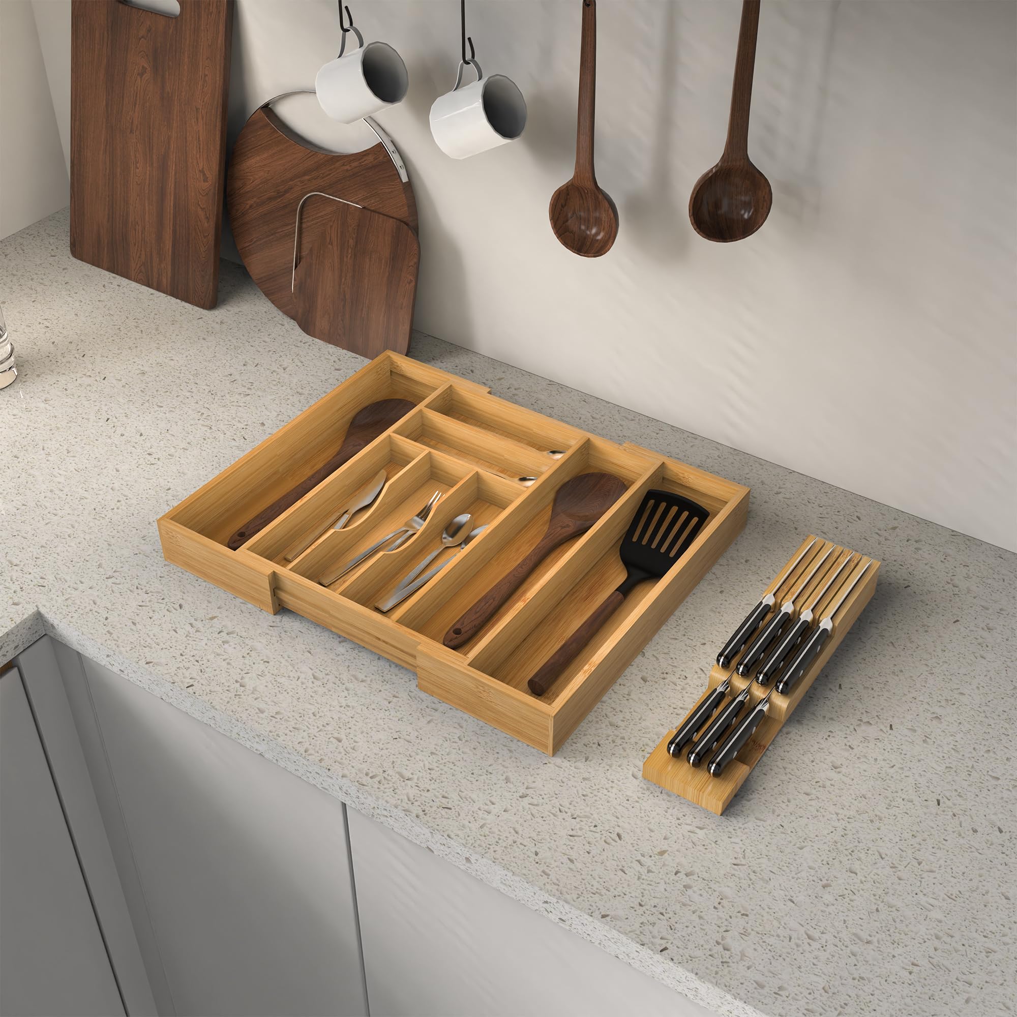 Bambus-Küchenschubladenorganizer, erweiterbarer Utensilien-Organizer mit abnehmbarem Messerblock, Besteckkasten mit Trennwand, verstellbarer Besteck-Organizer