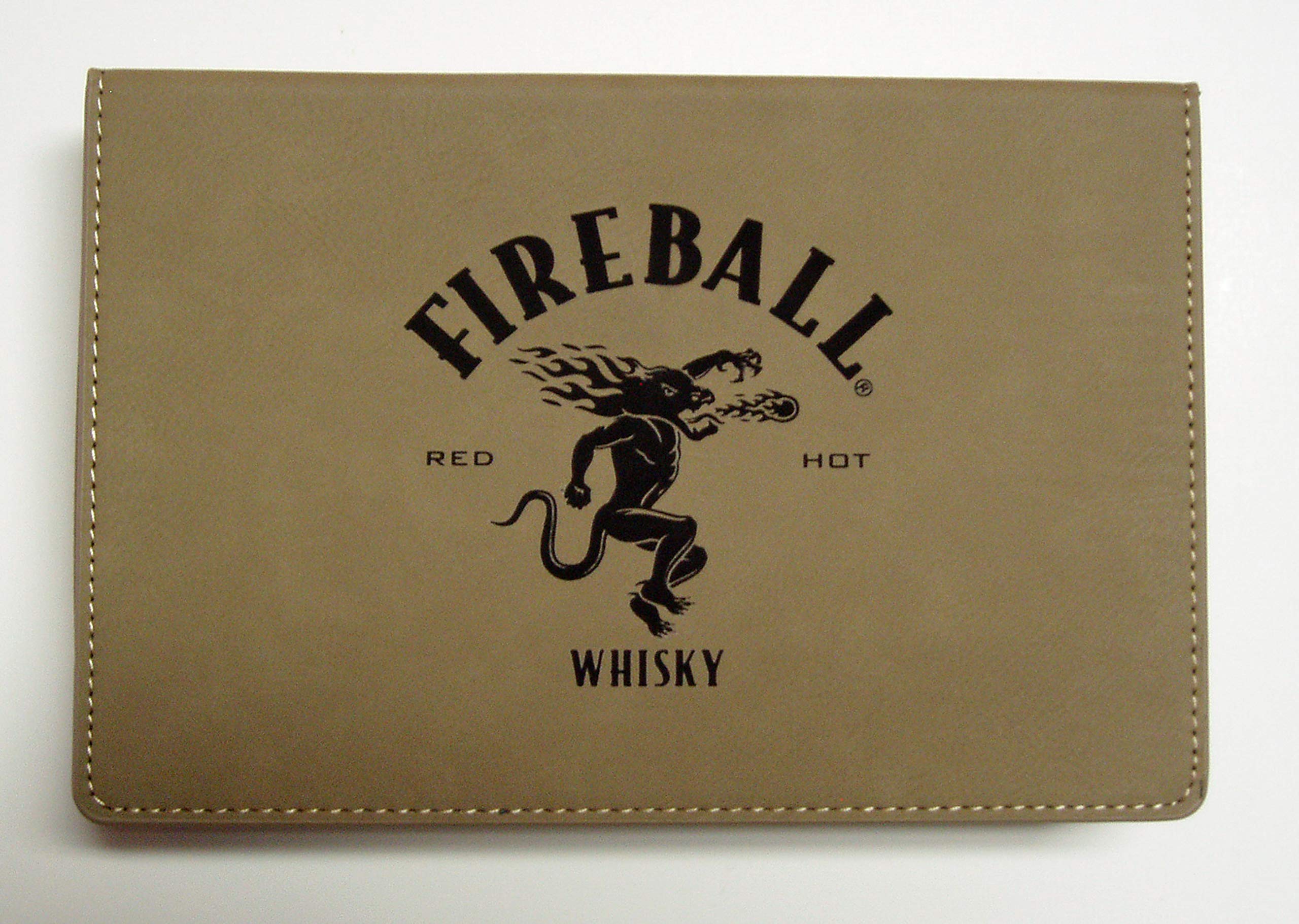 Fireball Leather 6 oz stainless steel flask gift set with 2 shot glasses and a funnel in a leather gift box