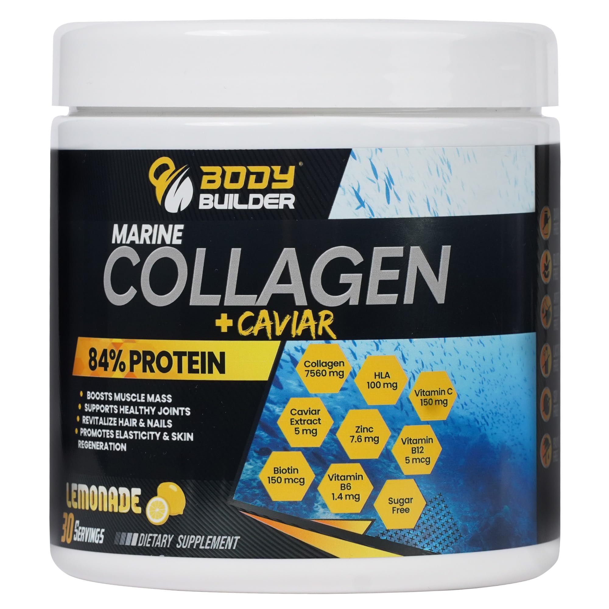 Body Builder Marine Collagen with Caviar - 270gm Lemonade flavour for Optimal Performance, Enhance Strength & Speed Up Recovery (30 servings)